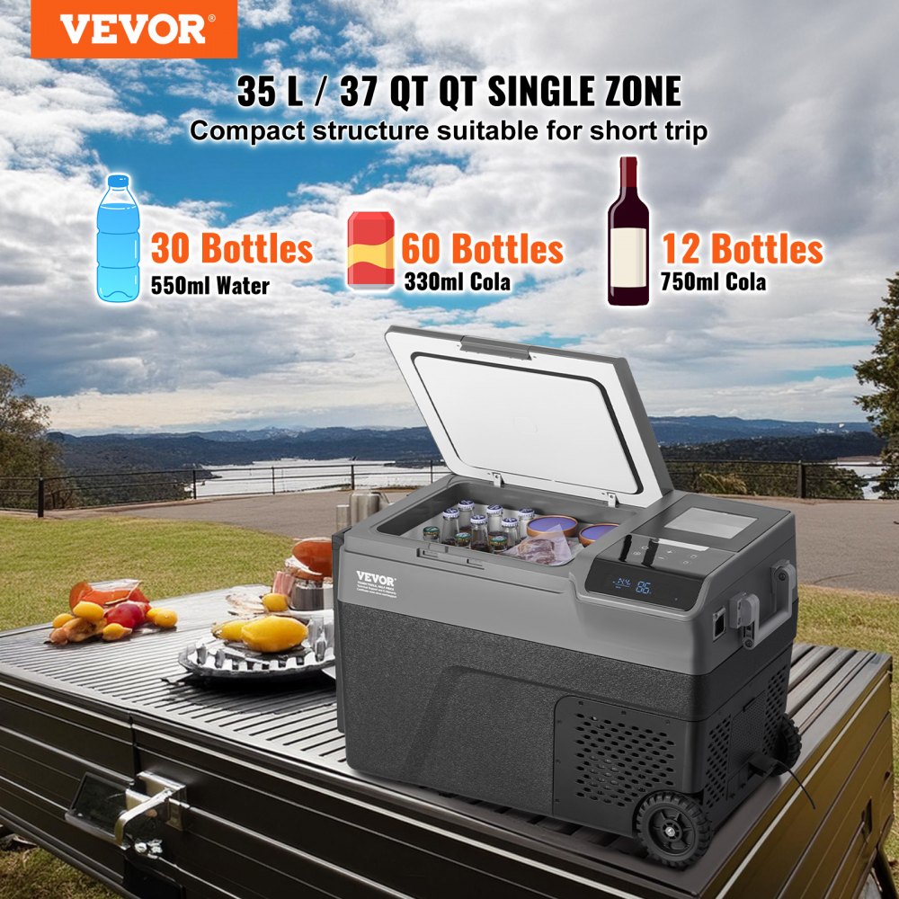 VEVOR Portable Car Refrigerator, with Ice Making Function, 12 Volt Car Refrigerator Fridge, 35 L Single Zone Portable Freezer, -4℉-68℉ Adjustable Temperature, with Casters for Camping, Car, RV