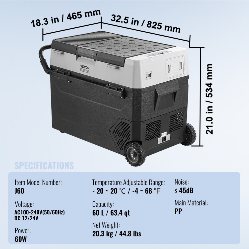 VEVOR draagbare autokoelkast, 12V autokoeler, 60L draagbare vriezer met één zone, oprolbaar, instelbaar -20 tot 20℃, compressorkoeler voor thuis, buiten, kamperen, camper en auto