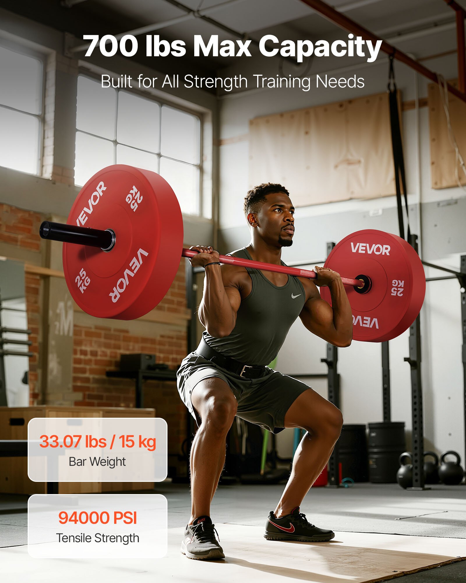 VEVOR halterstang trekstang 180 cm met geribbelde handgreep voor krachttraining gewichtheffen squats deadlifts bankdrukken, halterstang geschikt voor 50 mm halterschijven met een draagvermogen van 317,5 kg