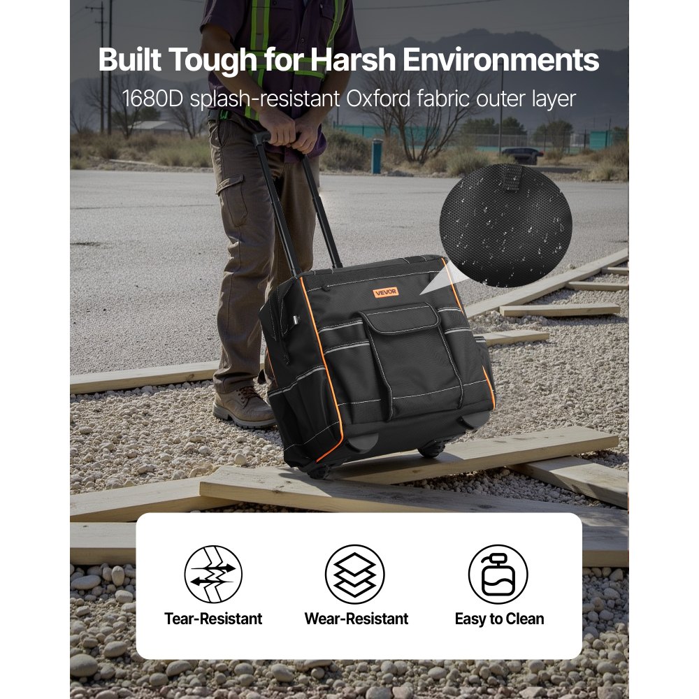 VEVOR Rolling Tool Bag, 110 lbs Load Capacity, 25 Pockets Heavy Duty Roller Tool Bag on Wheels, Adjustable Telescoping Handle & Stable Base, Toolbag Organizers with Wheels for Construction, Mechanic