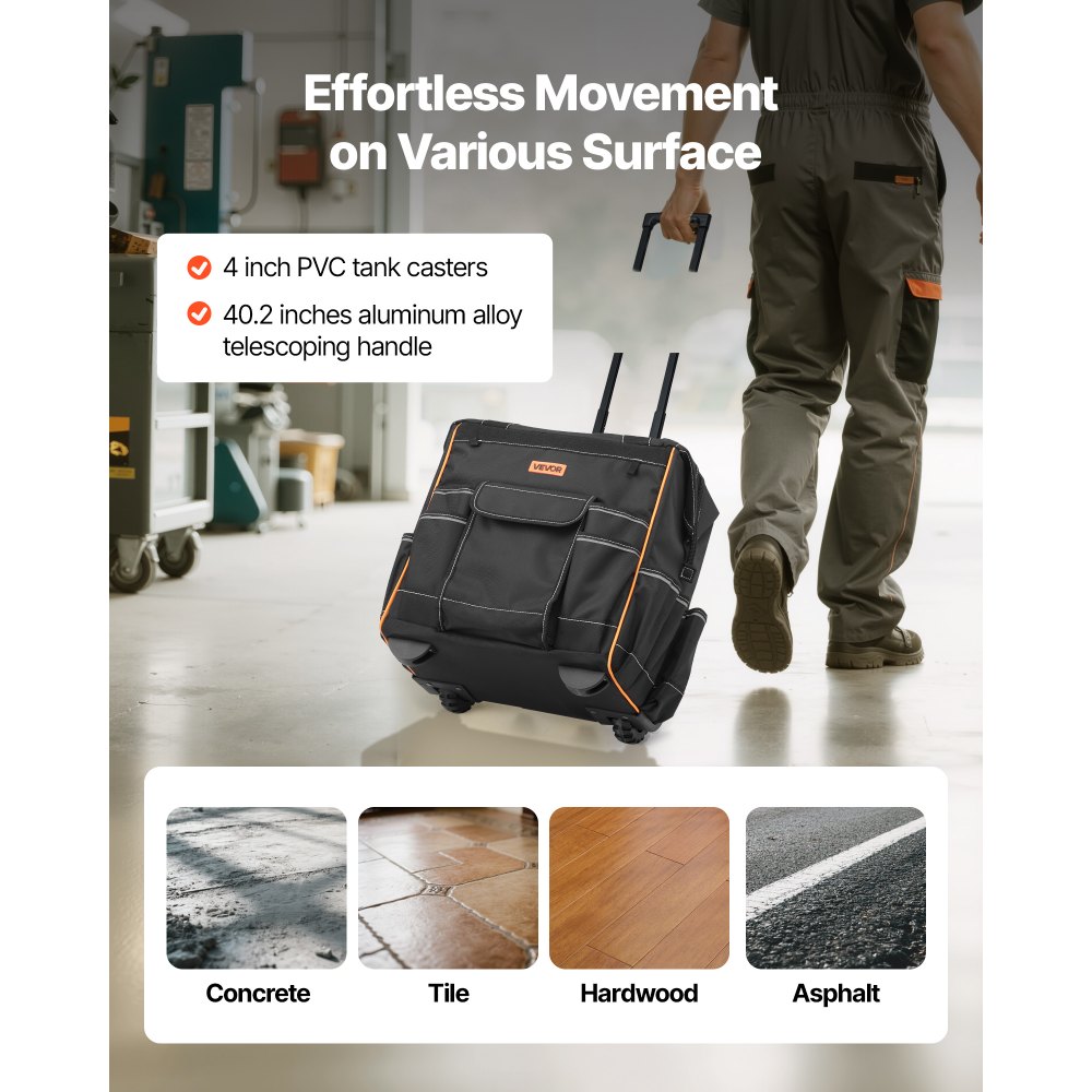 VEVOR Rolling Tool Bag, 110 lbs Load Capacity, 25 Pockets Heavy Duty Roller Tool Bag on Wheels, Adjustable Telescoping Handle & Stable Base, Toolbag Organizers with Wheels for Construction, Mechanic