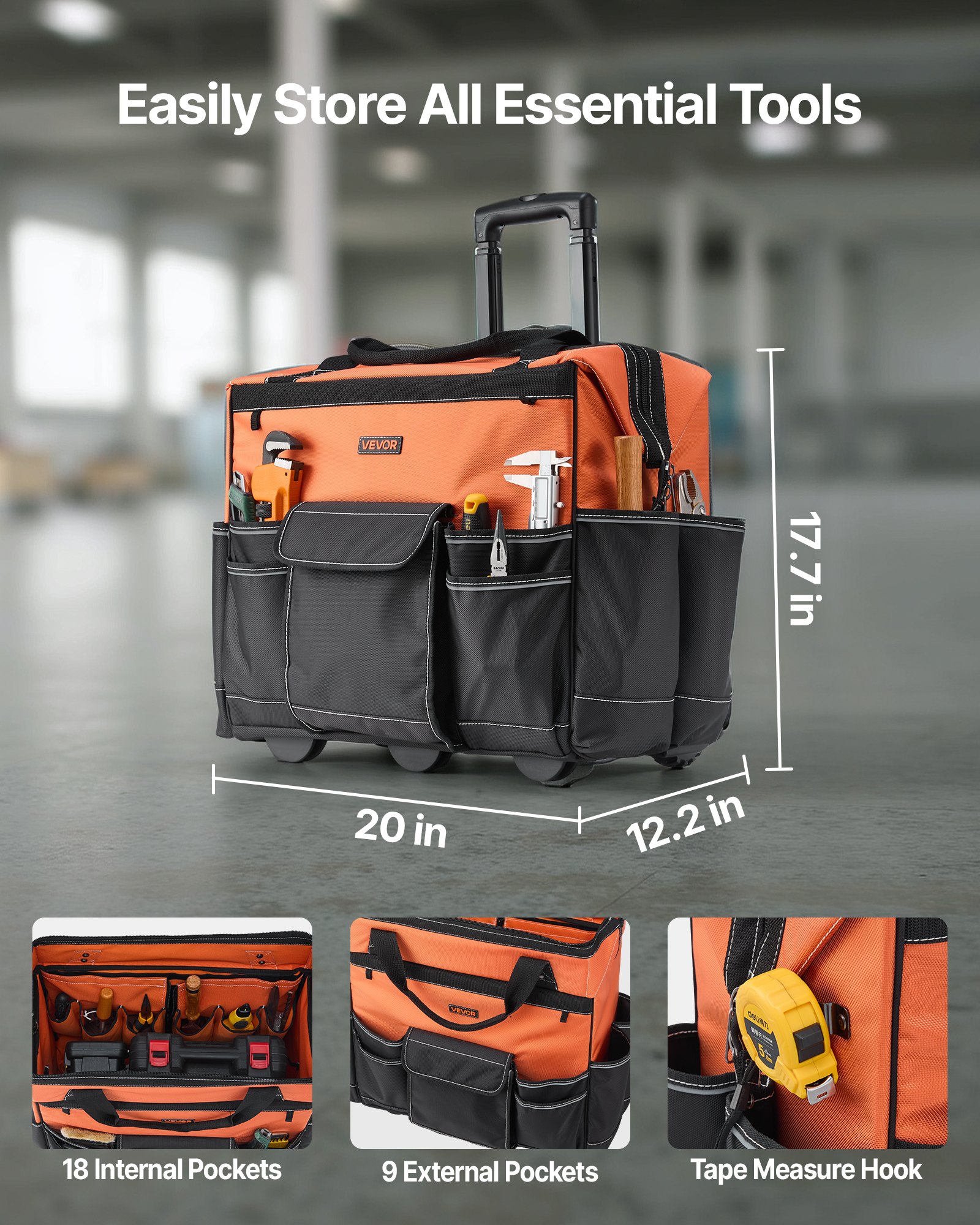 VEVOR Gereedschapstas met wielen, draagvermogen 50 kg, 27 zakken, werktas met verstelbare telescopische handgreep en stabiele standaard, gereedschapstasorganizer voor bouw, monteurs, 510 x 310 x 450 mm