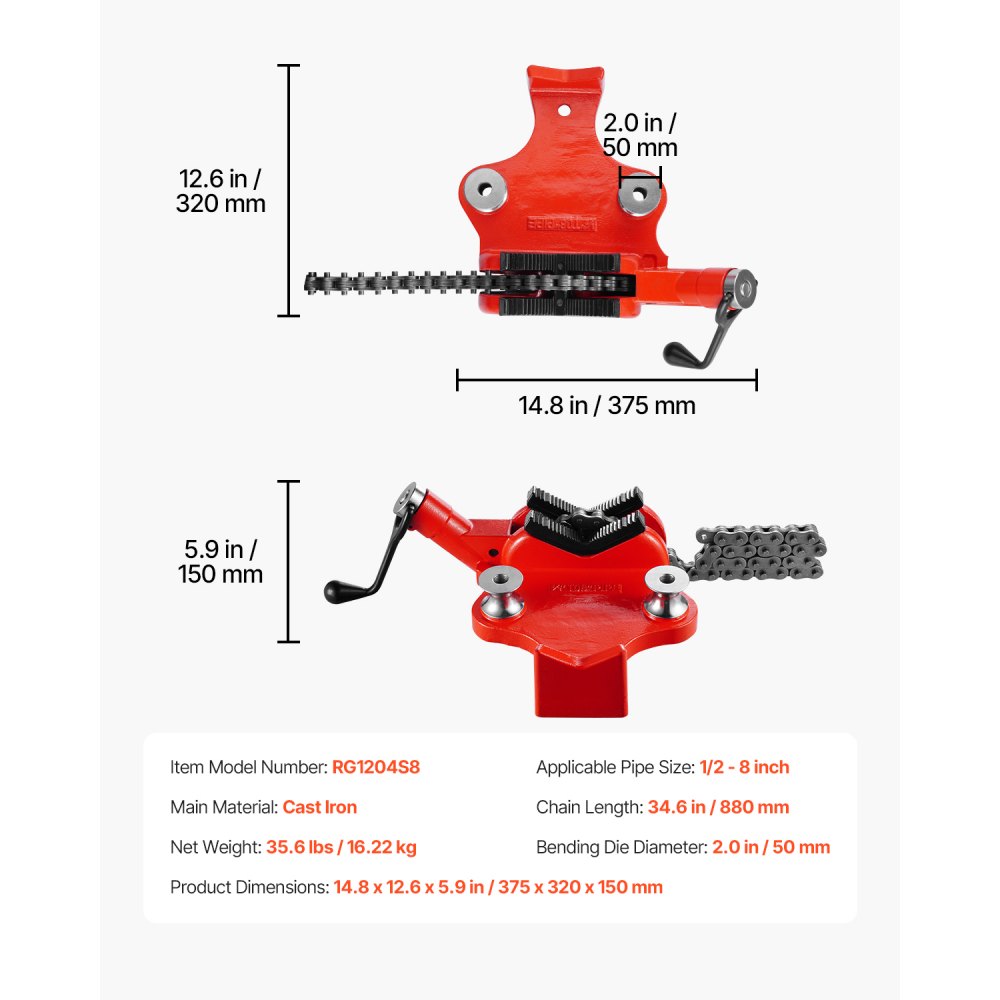 VEVOR Heavy-Duty Pipe Chain Vise, 1/2" - 8" Pipe Capacity, 34.6" Rugged Chain & Cast Iron Base, Industrial-Grade Pipe Clamping for Plumbing, Automotive Repairs, Metalworking