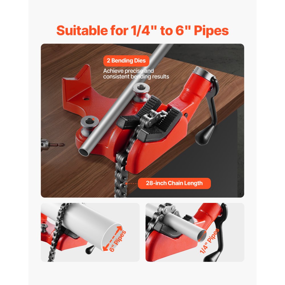 VEVOR kettingklem voor pijpen, pijpcapaciteit 6,35-152,4 mm, zware ketting van 710 mm en gietijzeren voetstuk, industriële pijpklem voor loodgieterswerk, autoreparatie en metaalbewerking