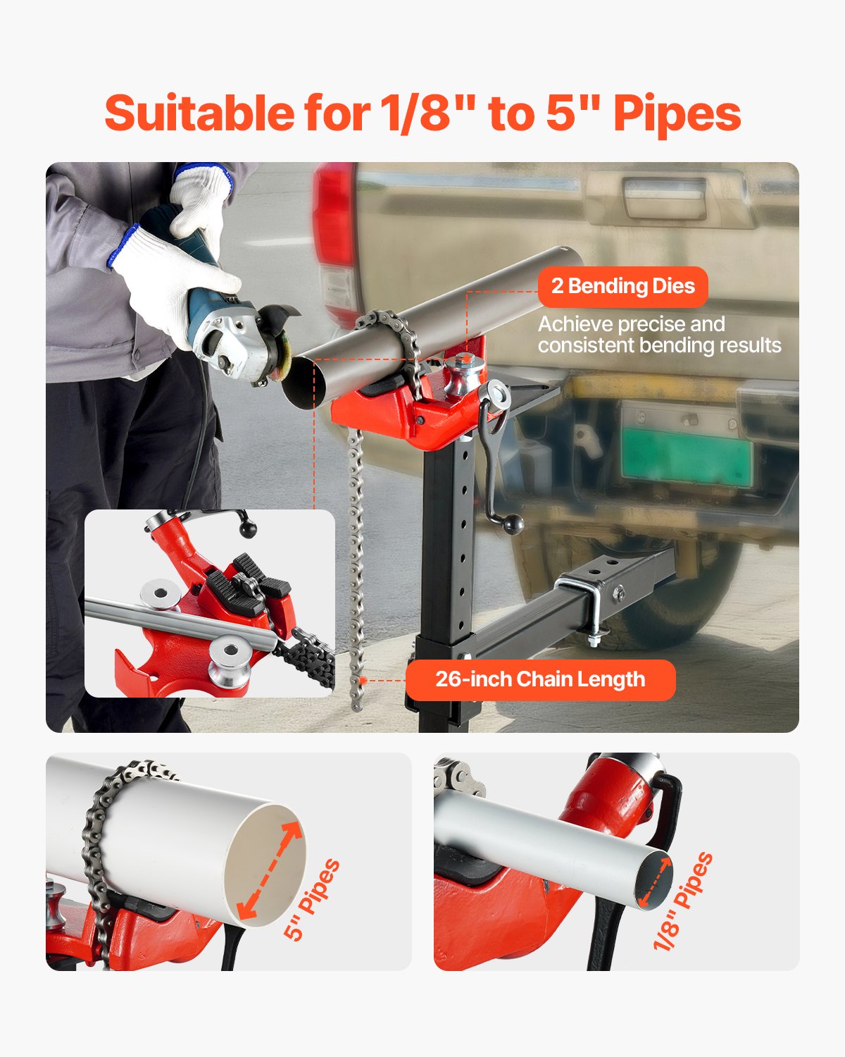 VEVOR kettingbuisklem, buiscapaciteit 3,175-125 mm, 660 mm ketting en gietijzeren basis, houder voor aanhangwagenklemplaat met verstelbare hoogte - past op 50 x 50 mm ontvanger