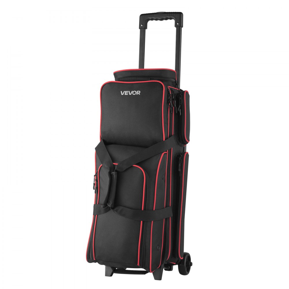 VEVOR Bowling Ball Bag, 3 Ball Double Roller Bowling Bag with Wheels, Featuring a Separate Compartment for Shoes (Up To US Size 16) & Oversized Accessory Pocket, Retractable Handle Extends to 41.34 in
