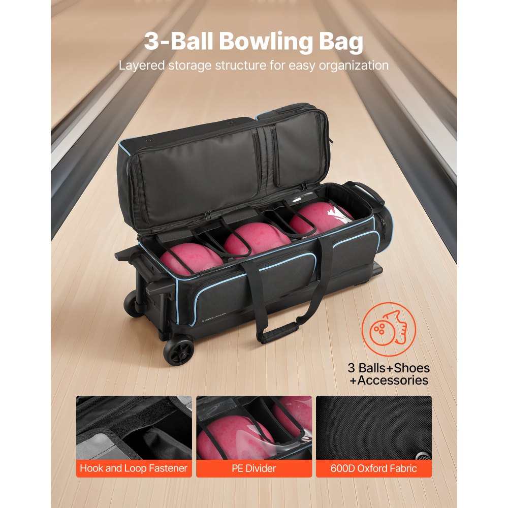 VEVOR bowlingtas voor 3 ballen met dubbele wielen, apart vak voor schoenen (tot maat 16 US) en extra groot accessoirevak, uitschuifbaar handvat tot 105 cm, zwart + blauw