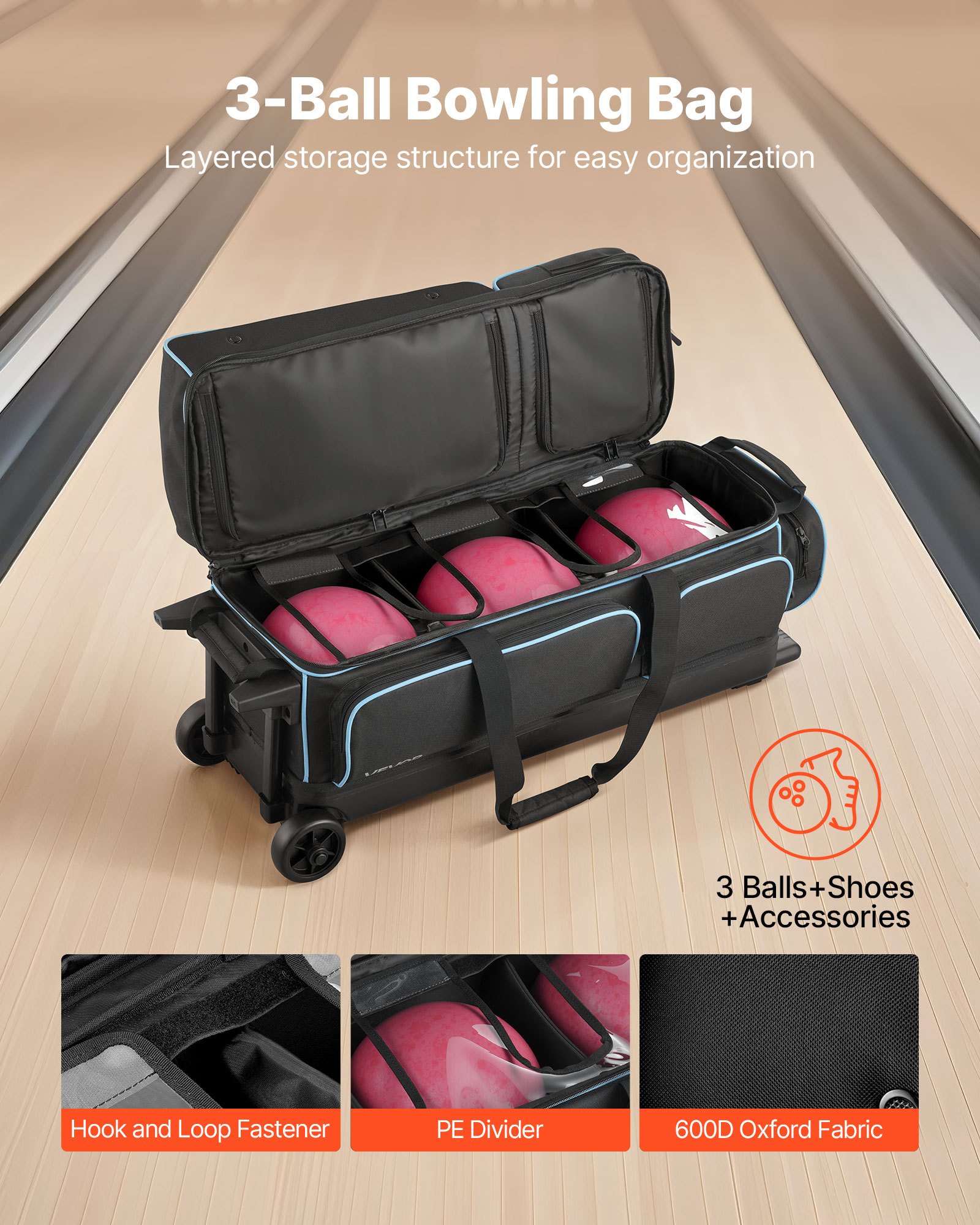 VEVOR bowlingtas voor 3 ballen met dubbele wielen, apart vak voor schoenen (tot maat 16 US) en extra groot accessoirevak, uitschuifbaar handvat tot 105 cm, zwart + blauw