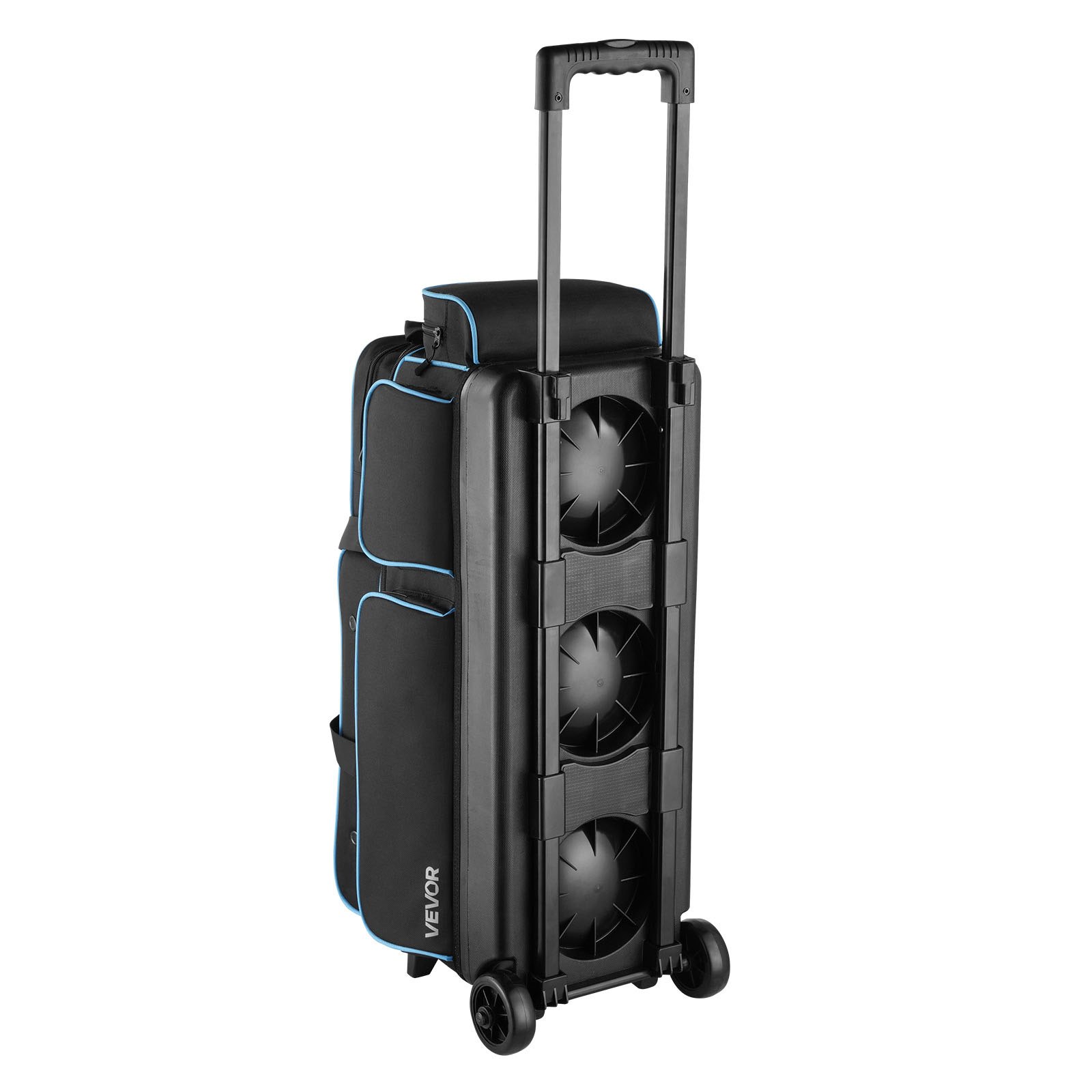 VEVOR bowlingtas voor 3 ballen met dubbele wielen, apart vak voor schoenen (tot maat 16 US) en extra groot accessoirevak, uitschuifbaar handvat tot 105 cm, zwart + blauw