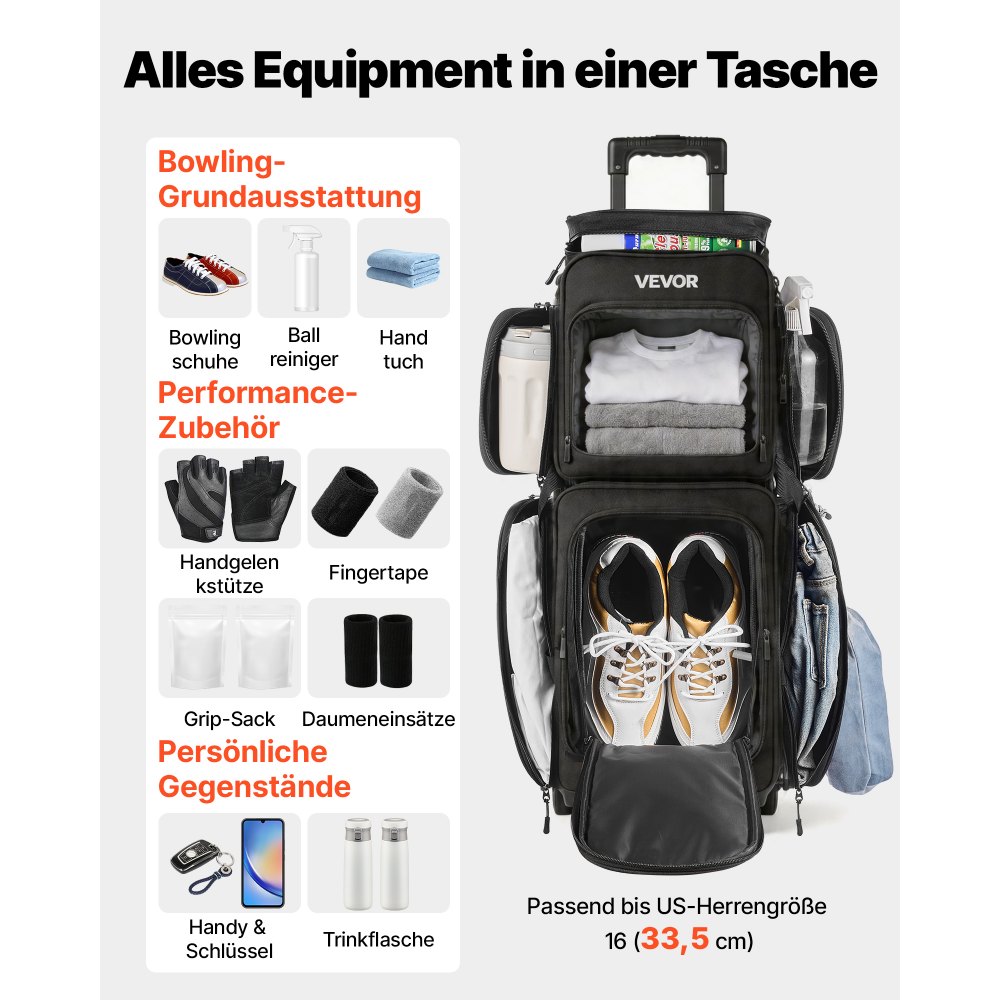 VEVOR 3-Ball Bowling Bag met dubbele wielen en apart schoenenvak (tot Amerikaanse maat 16) en extra groot accessoirevak, uitschuifbare handgreep tot 105 cm, zwart