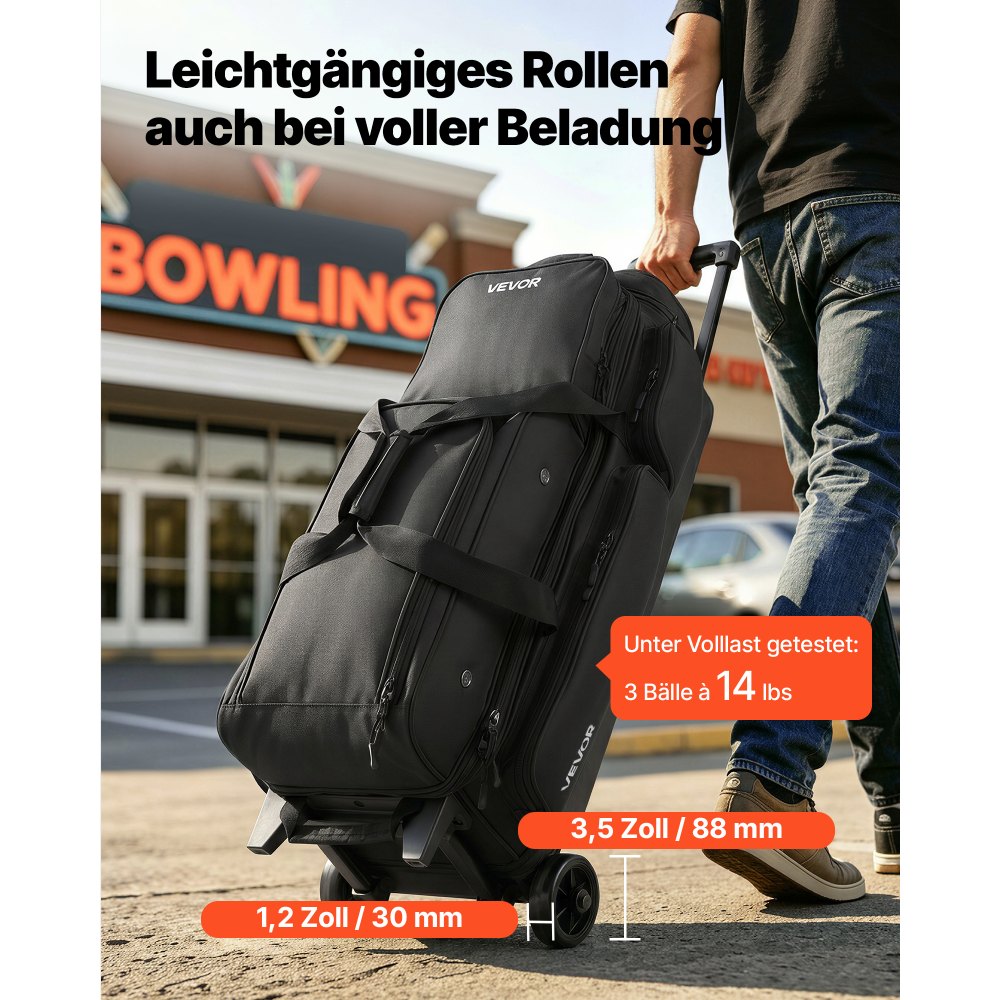 VEVOR 3-Ball Bowling Bag met dubbele wielen en apart schoenenvak (tot Amerikaanse maat 16) en extra groot accessoirevak, uitschuifbare handgreep tot 105 cm, zwart
