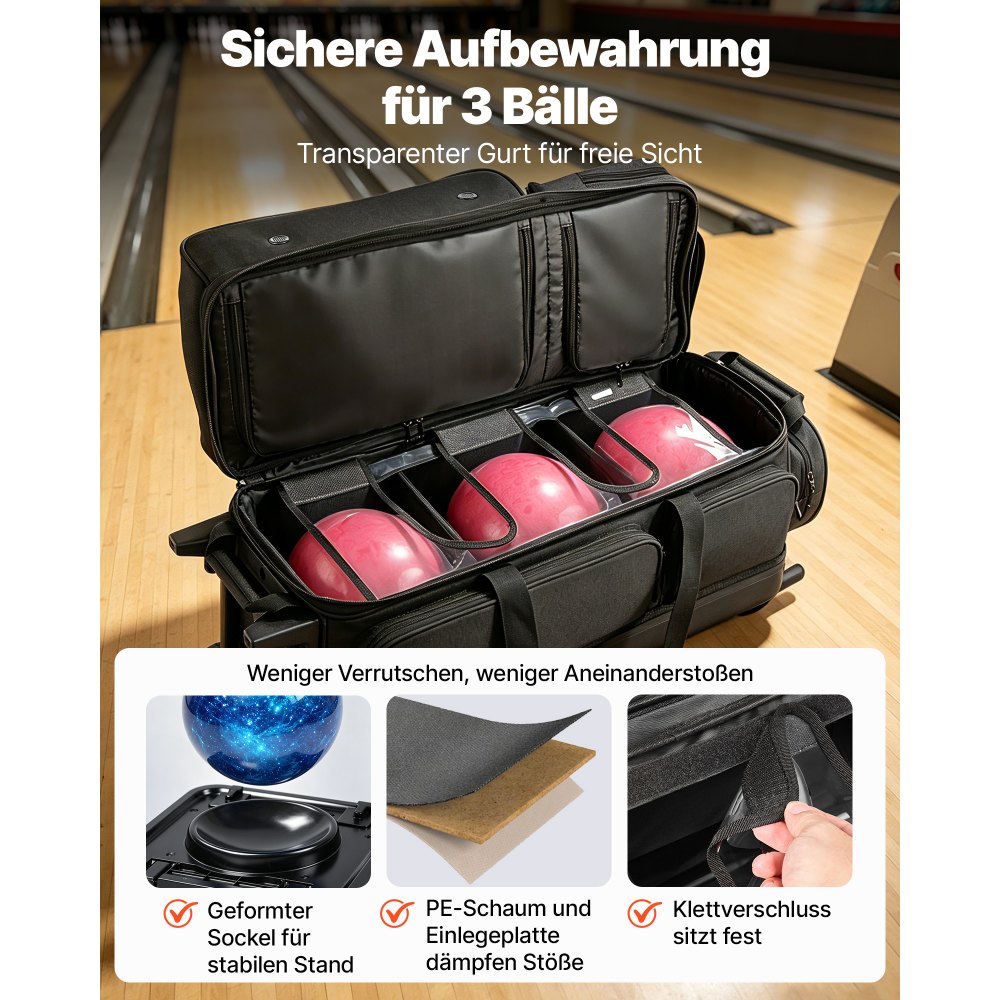 VEVOR 3-Ball Bowling Bag met dubbele wielen en apart schoenenvak (tot Amerikaanse maat 16) en extra groot accessoirevak, uitschuifbare handgreep tot 105 cm, zwart