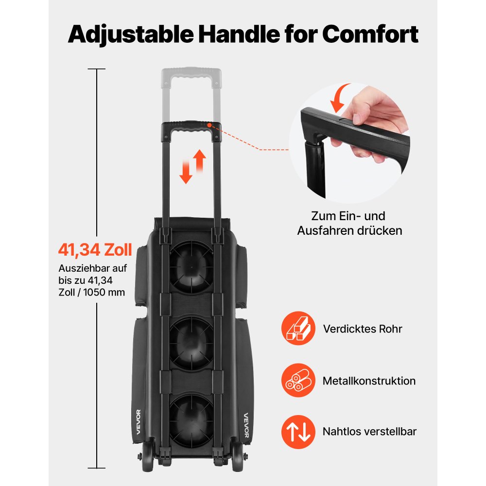 VEVOR 3-Ball Bowling Bag met dubbele wielen en apart schoenenvak (tot Amerikaanse maat 16) en extra groot accessoirevak, uitschuifbare handgreep tot 105 cm, zwart