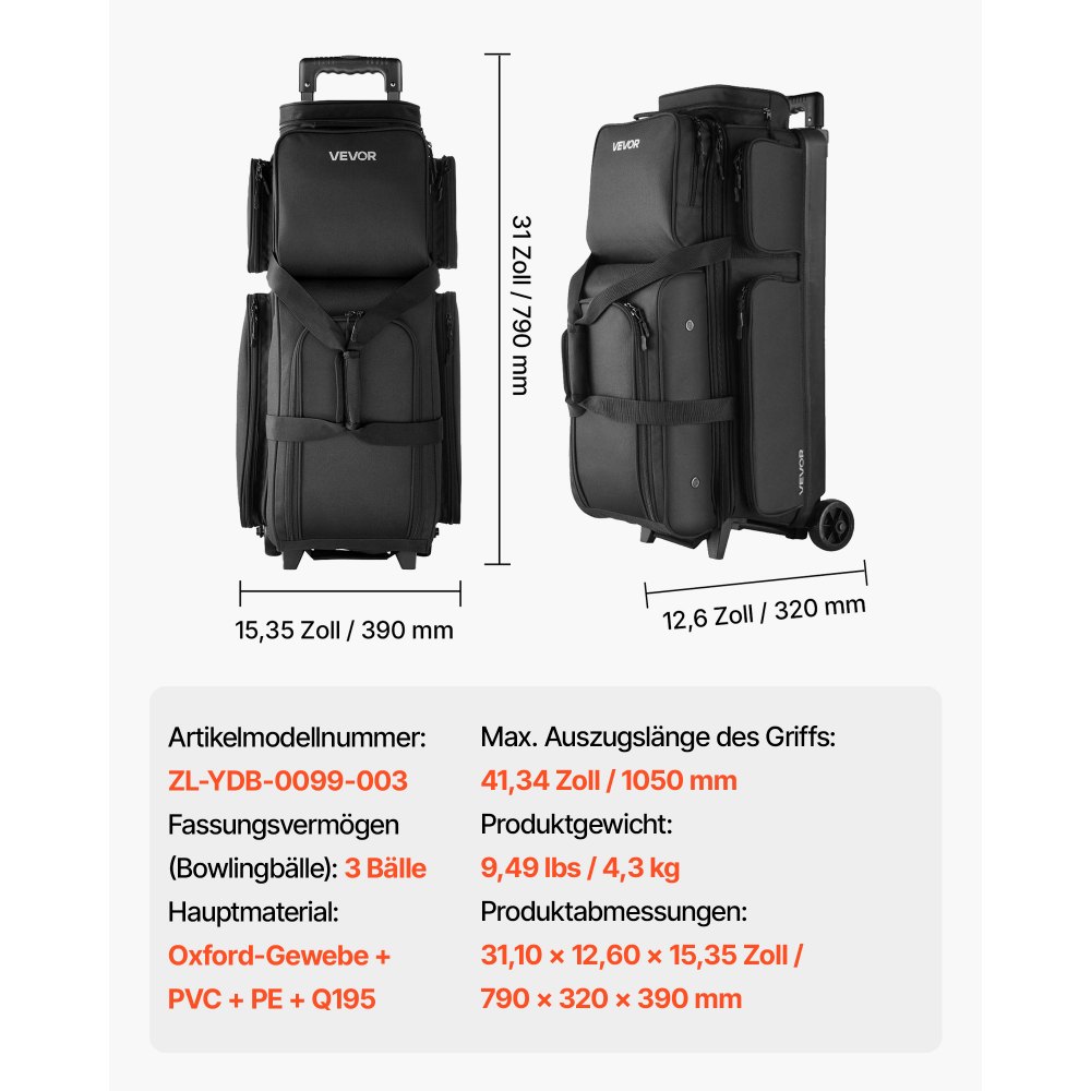 VEVOR 3-Ball Bowling Bag met dubbele wielen en apart schoenenvak (tot Amerikaanse maat 16) en extra groot accessoirevak, uitschuifbare handgreep tot 105 cm, zwart