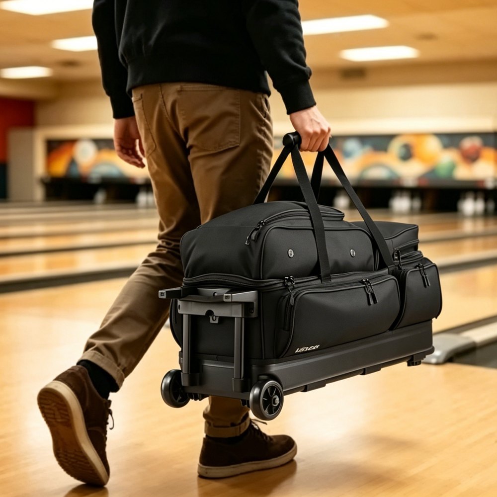 VEVOR 3-Ball Bowling Bag met dubbele wielen en apart schoenenvak (tot Amerikaanse maat 16) en extra groot accessoirevak, uitschuifbare handgreep tot 105 cm, zwart