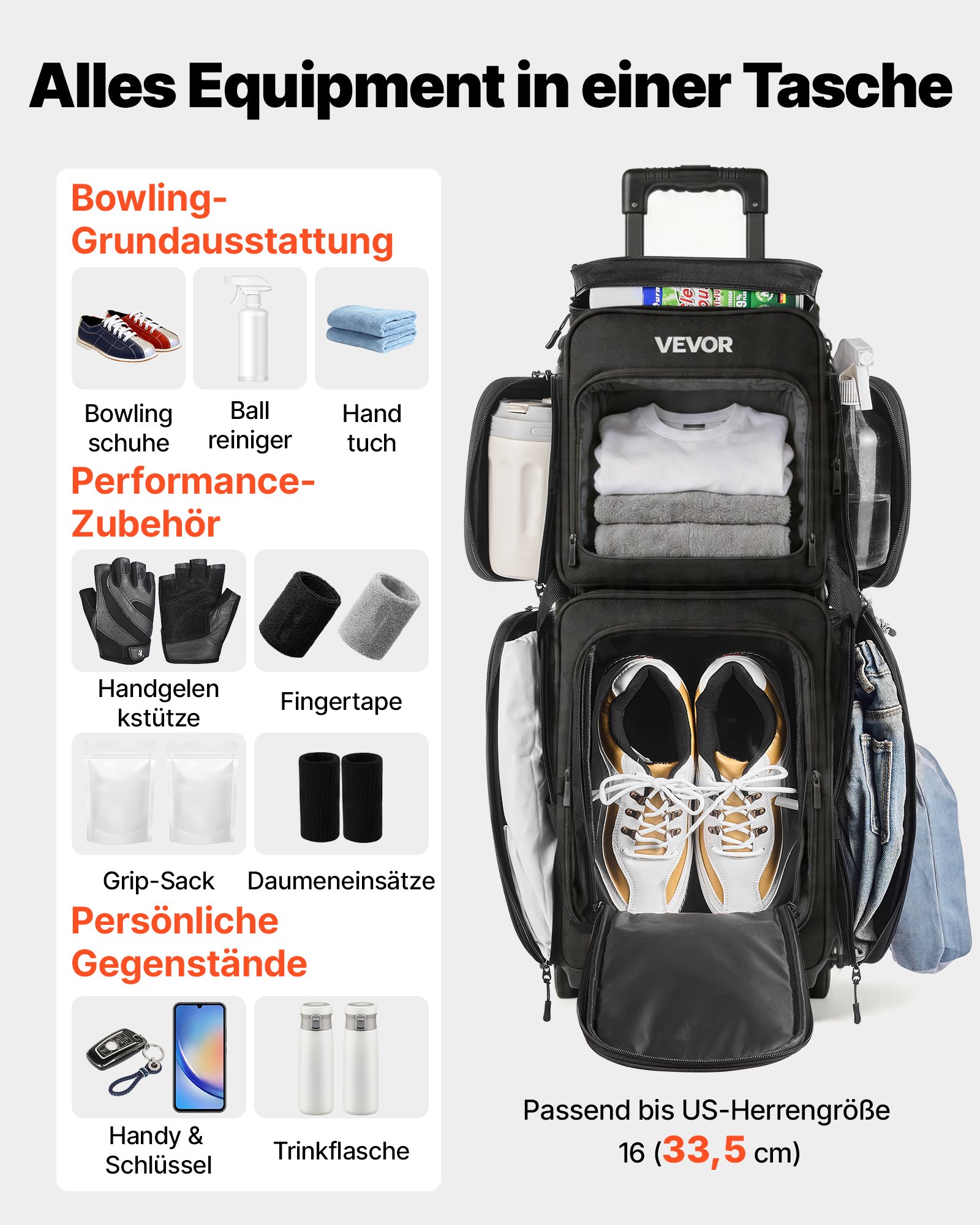 VEVOR 3-Ball Bowling Bag met dubbele wielen en apart schoenenvak (tot Amerikaanse maat 16) en extra groot accessoirevak, uitschuifbare handgreep tot 105 cm, zwart