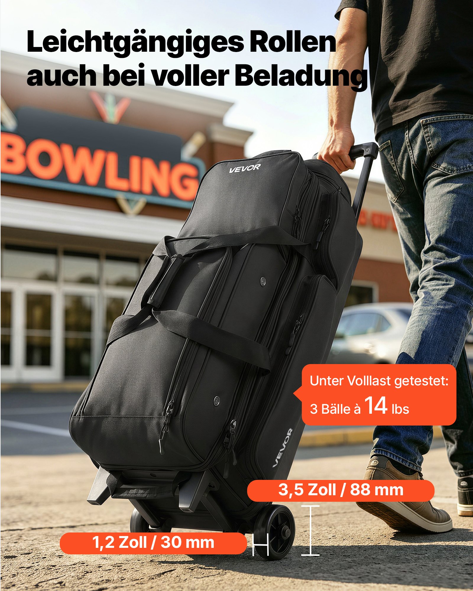 VEVOR 3-Ball Bowling Bag met dubbele wielen en apart schoenenvak (tot Amerikaanse maat 16) en extra groot accessoirevak, uitschuifbare handgreep tot 105 cm, zwart