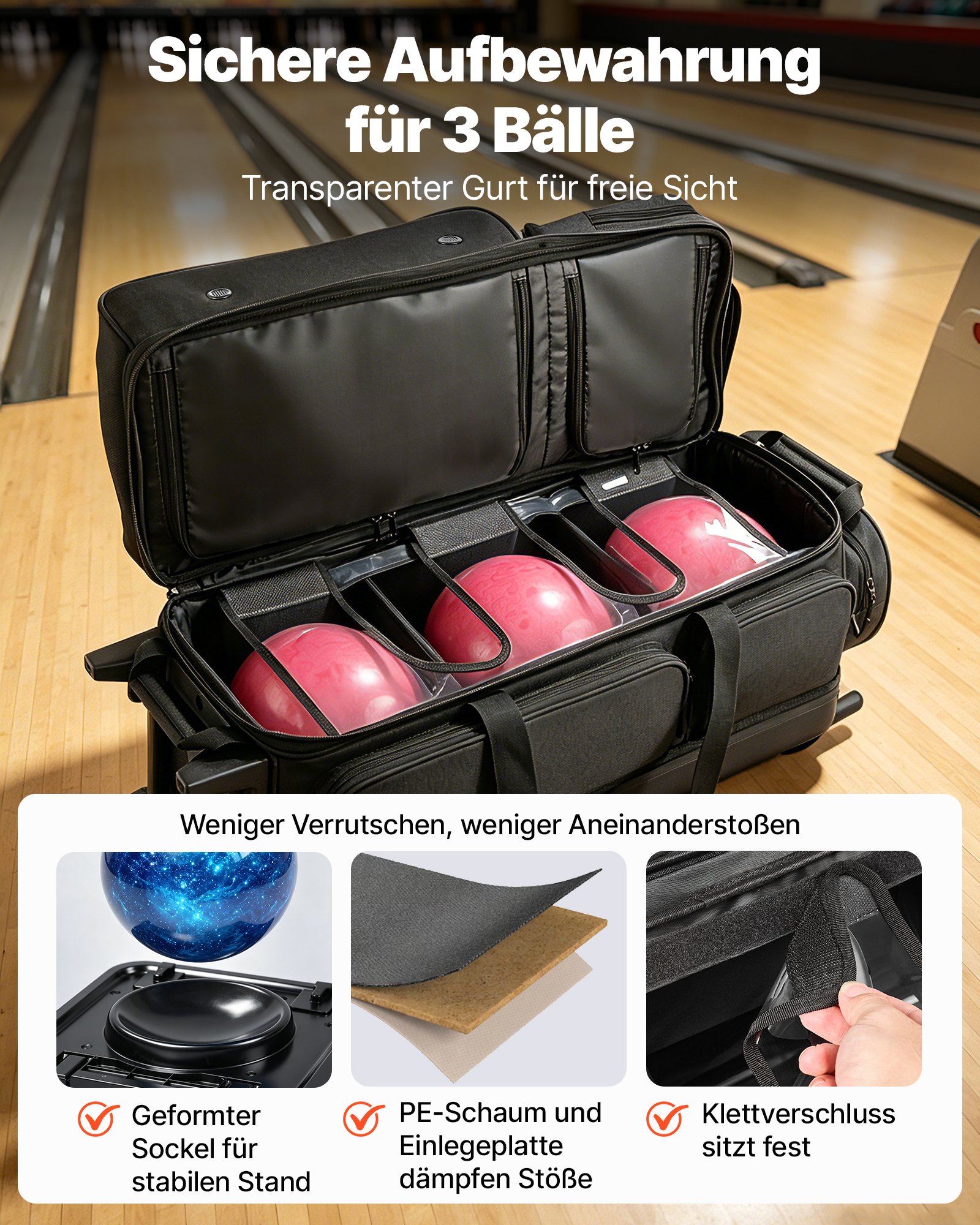 VEVOR 3-Ball Bowling Bag met dubbele wielen en apart schoenenvak (tot Amerikaanse maat 16) en extra groot accessoirevak, uitschuifbare handgreep tot 105 cm, zwart