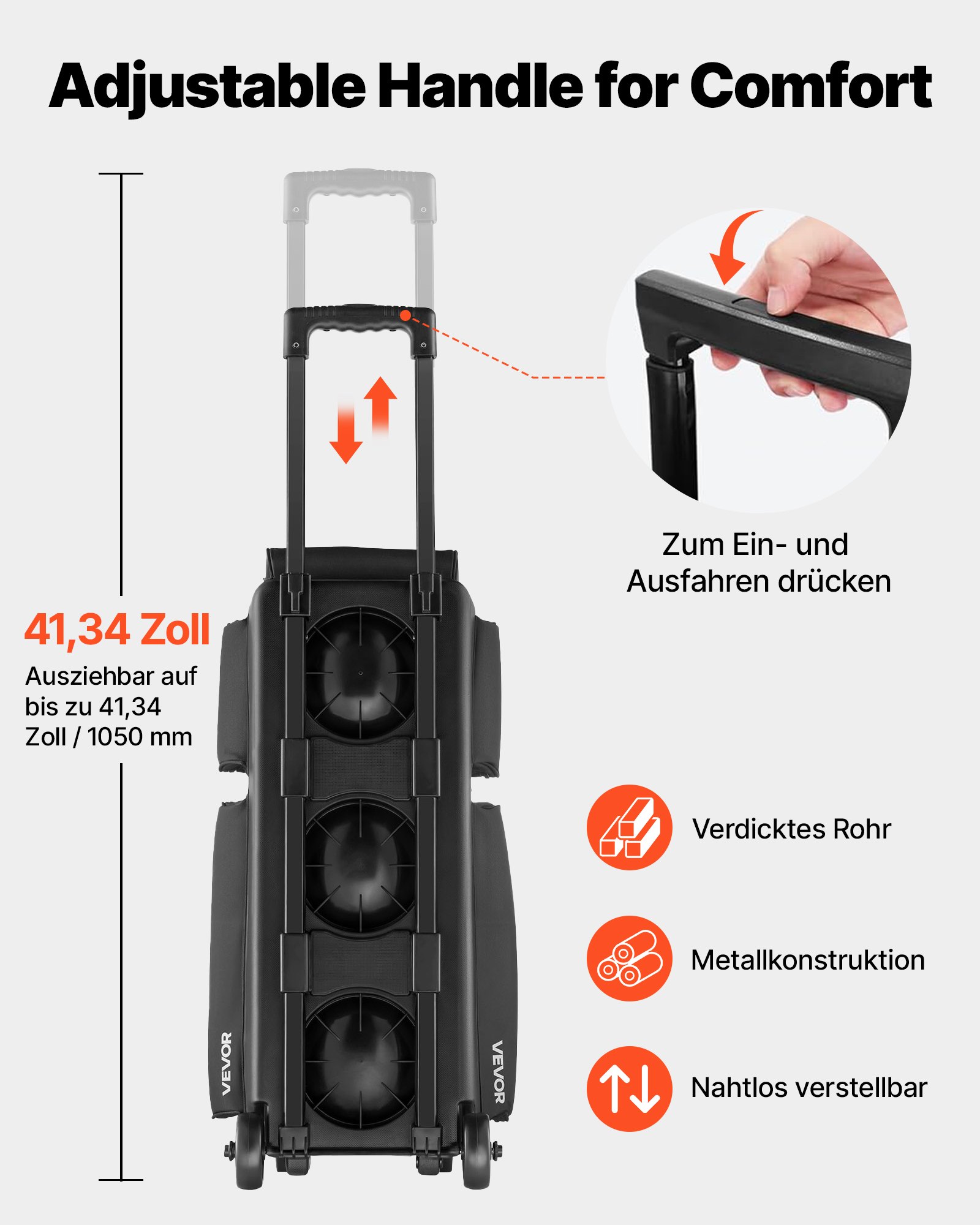 VEVOR 3-Ball Bowling Bag met dubbele wielen en apart schoenenvak (tot Amerikaanse maat 16) en extra groot accessoirevak, uitschuifbare handgreep tot 105 cm, zwart