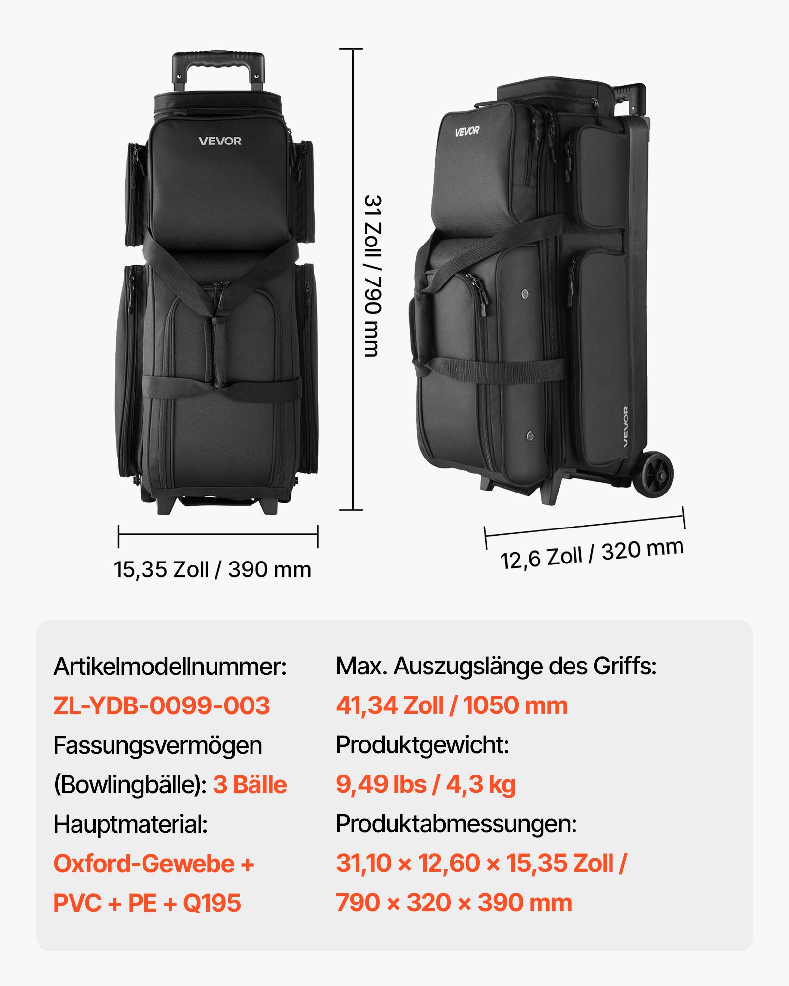 VEVOR 3-Ball Bowling Bag met dubbele wielen en apart schoenenvak (tot Amerikaanse maat 16) en extra groot accessoirevak, uitschuifbare handgreep tot 105 cm, zwart