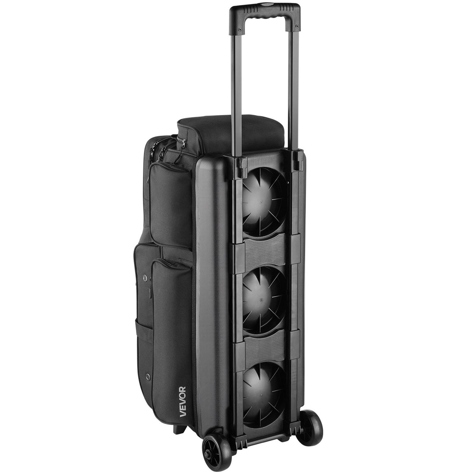 VEVOR 3-Ball Bowling Bag met dubbele wielen en apart schoenenvak (tot Amerikaanse maat 16) en extra groot accessoirevak, uitschuifbare handgreep tot 105 cm, zwart
