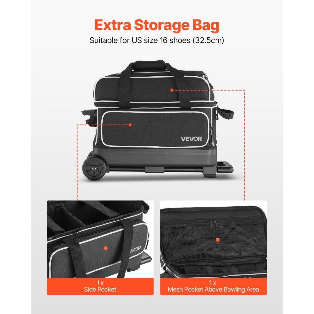 VEVOR Bowling Ball Bag, 2 Ball Double Roller Bowling Bag with Wheels, Featuring a Separate Compartment for Shoes (Up To US Size 16) & Oversized Accessory Pocket, Retractable Handle Extends to 41.32 in