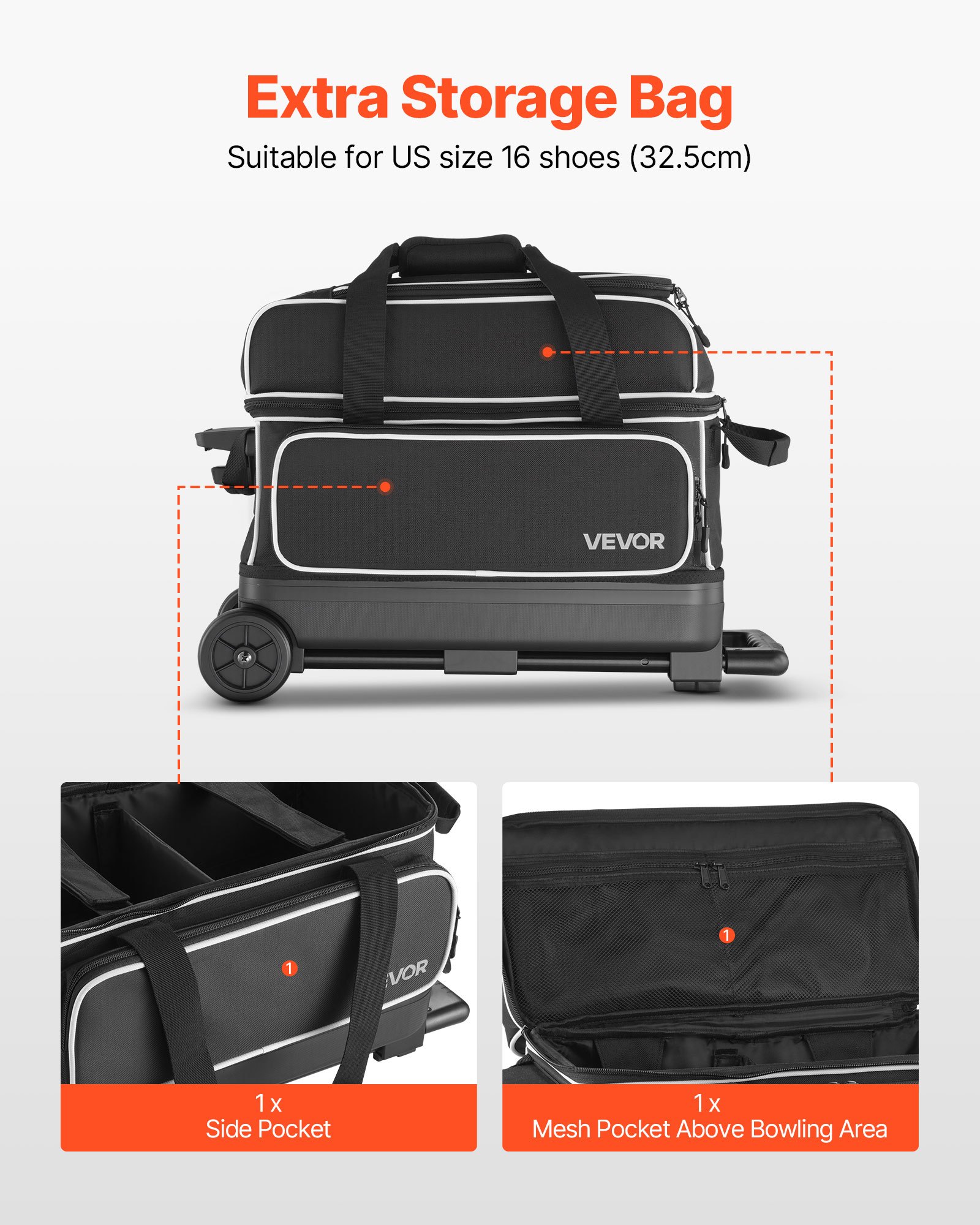 VEVOR Bowling Ball Bag, 2 Ball Double Roller Bowling Bag with Wheels, Featuring a Separate Compartment for Shoes (Up To US Size 16) & Oversized Accessory Pocket, Retractable Handle Extends to 41.32 in