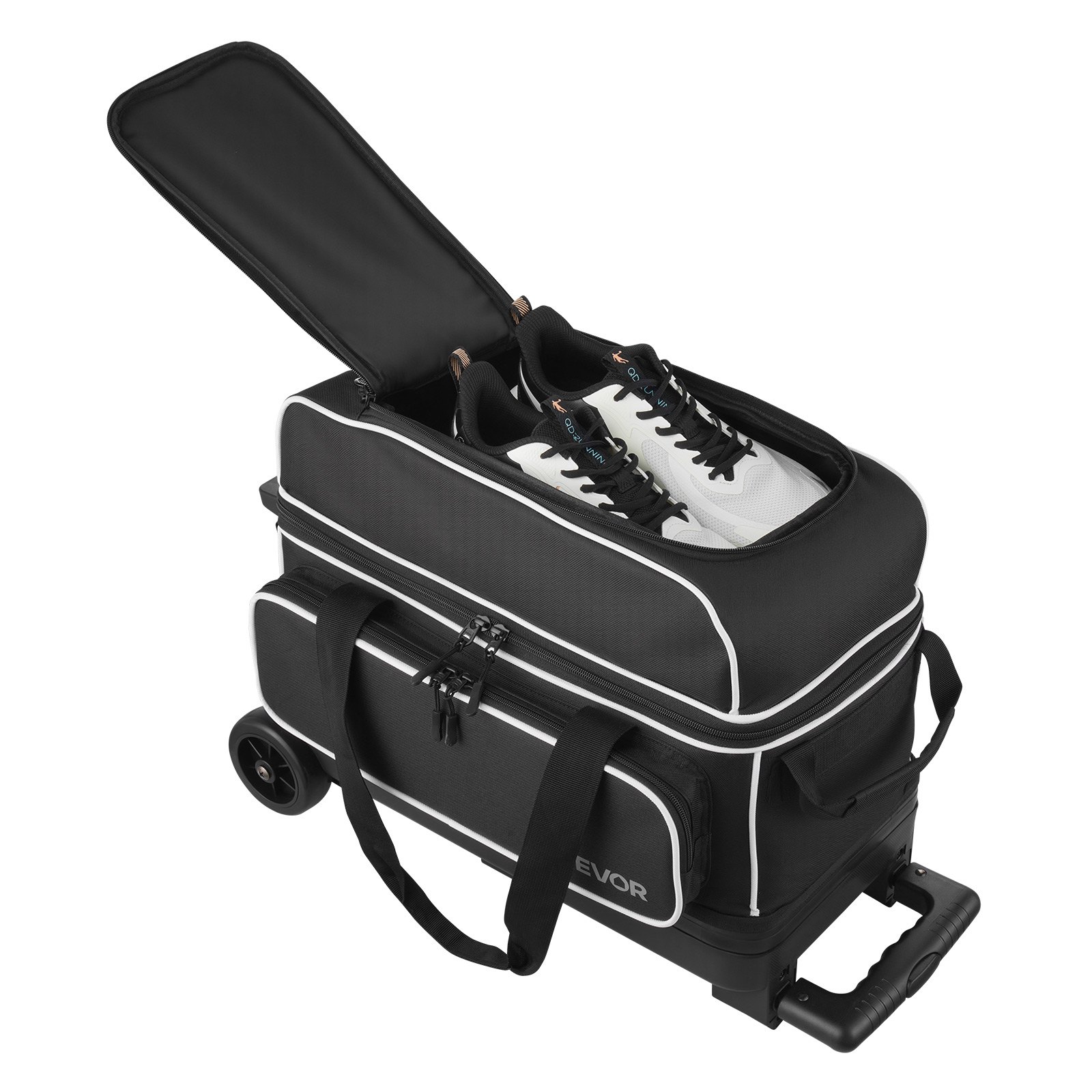 VEVOR Bowling Ball Bag, 2 Ball Double Roller Bowling Bag with Wheels, Featuring a Separate Compartment for Shoes (Up To US Size 16) & Oversized Accessory Pocket, Retractable Handle Extends to 41.32 in