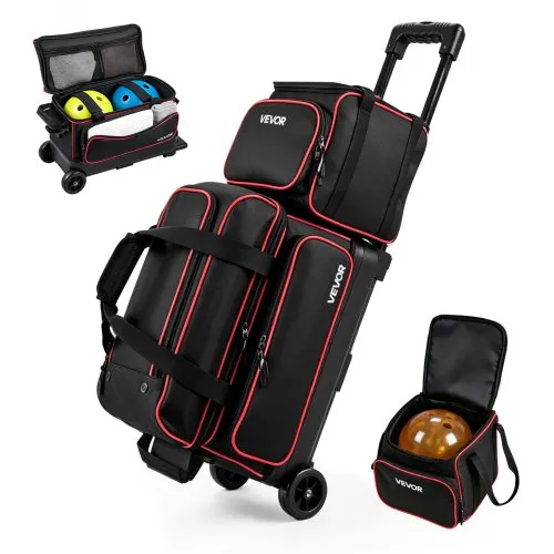 VEVOR 1 bowlingtas met wielen + 1 mini bowlingtas voor 2+1 ballen 600D Oxford rood zwart, voor schoenen tot maat 16 (VS) en accessoires, met telescopische handgreep (tot 1016 mm) en dubbellaagse trays