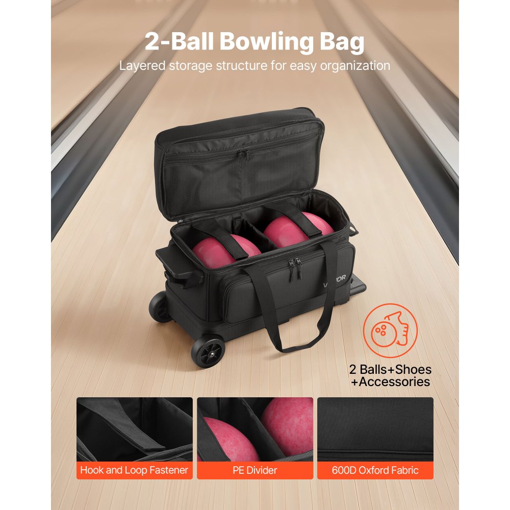 VEVOR bowlingtas voor 2 ballen met dubbele wielen, apart vak voor schoenen (tot maat 16 US) en extra groot accessoirevak, uitschuifbaar handvat tot 105 cm, zwart