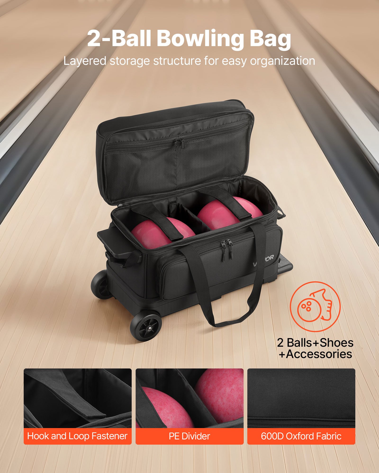 VEVOR bowlingtas voor 2 ballen met dubbele wielen, apart vak voor schoenen (tot maat 16 US) en extra groot accessoirevak, uitschuifbaar handvat tot 105 cm, zwart