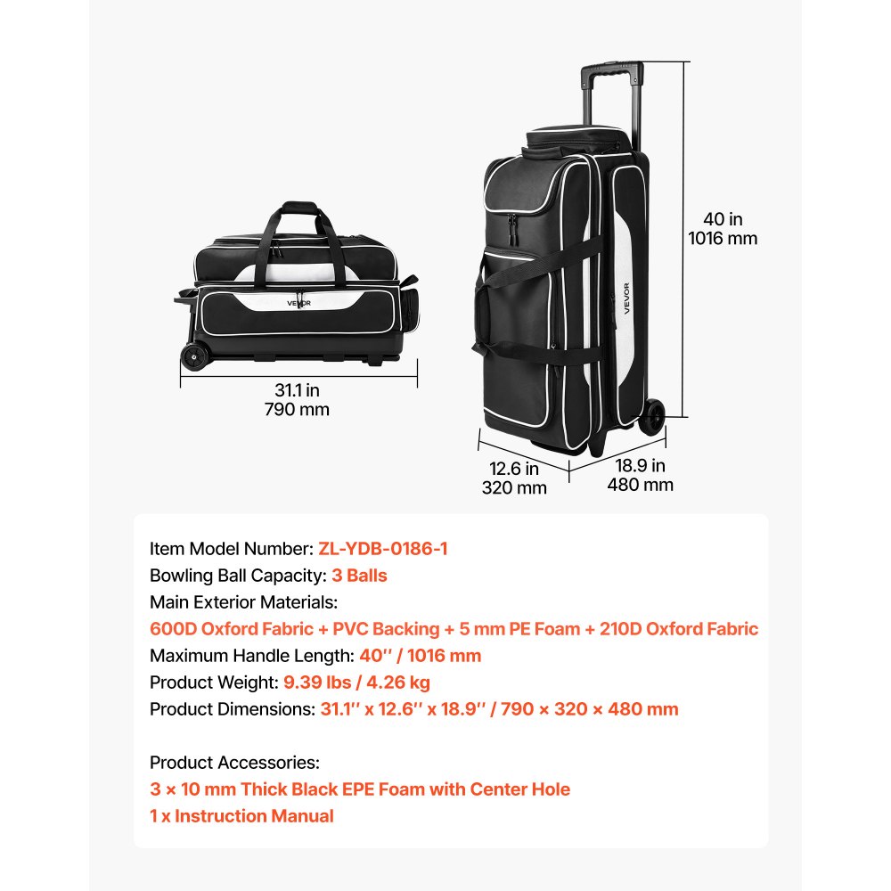 VEVOR bowlingtas met wielen voor 3 ballen, 600D Oxford, zwart + wit, voor schoenen tot maat 16 (VS) en accessoires, met telescopische handgreep (tot 1016 mm), dubbellaagse trays en versterkte naden.