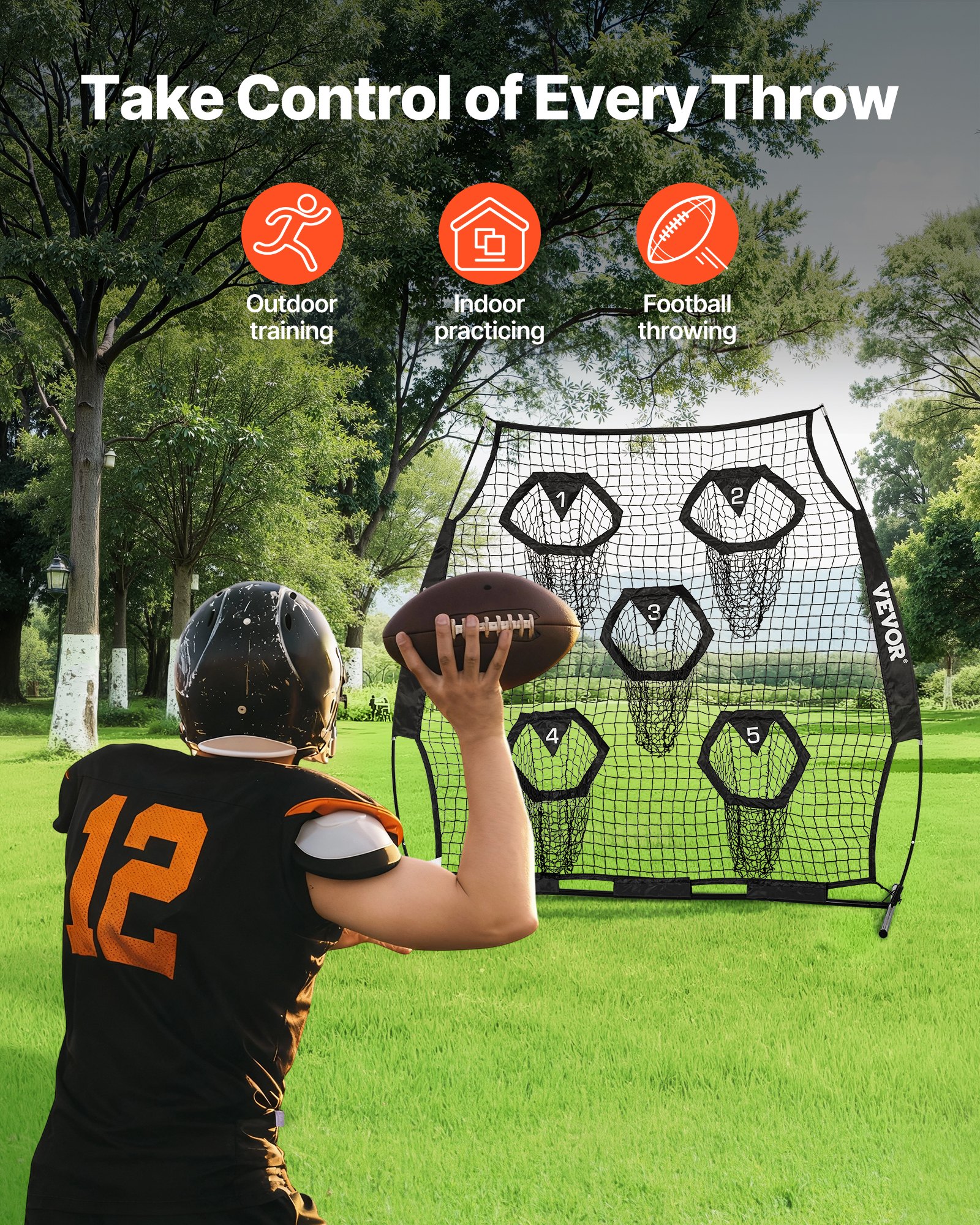 VEVOR 6 x 6 ft Football Trainer Throwing Net, Training Throwing Target Practice Net with 5 Target Pockets, Knotless Net Includes Straps and Portable Carry Case, Improve QB Throwing Accuracy, Black