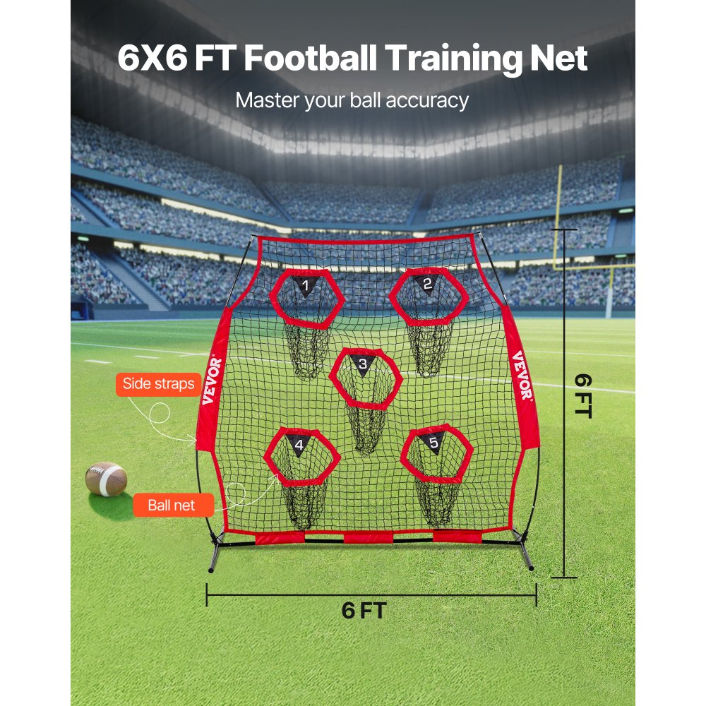 VEVOR Football Coach Throwing Net Practice Net (208 x 91 x 189 cm) met 5 doelvakken, draagbare opbergtas, banden en knooploos net, voor quarterback-passtraining, rood