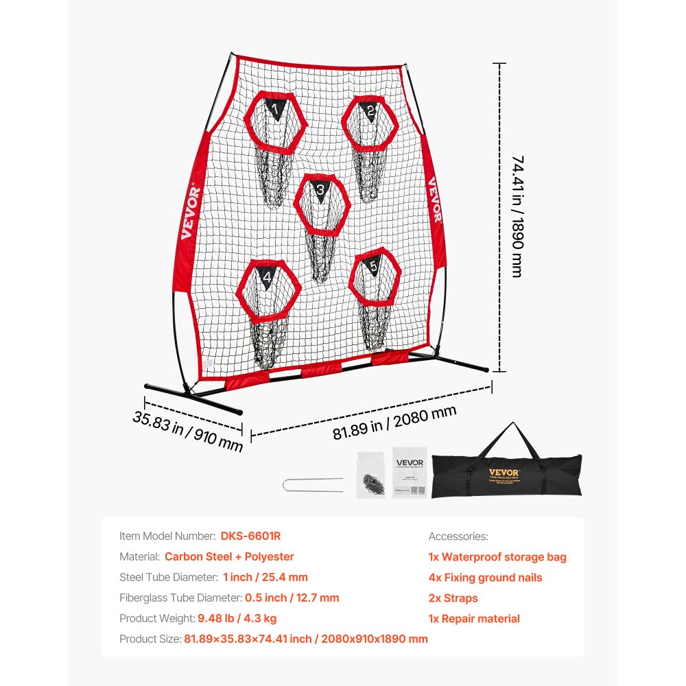 VEVOR Football Coach Throwing Net Practice Net (208 x 91 x 189 cm) met 5 doelvakken, draagbare opbergtas, banden en knooploos net, voor quarterback-passtraining, rood