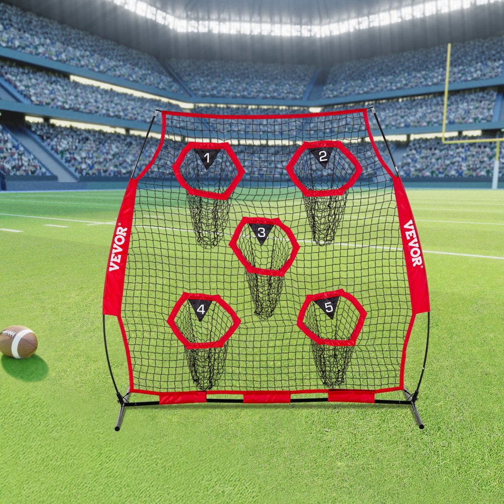 VEVOR Football Coach Throwing Net Practice Net (208 x 91 x 189 cm) met 5 doelvakken, draagbare opbergtas, banden en knooploos net, voor quarterback-passtraining, rood