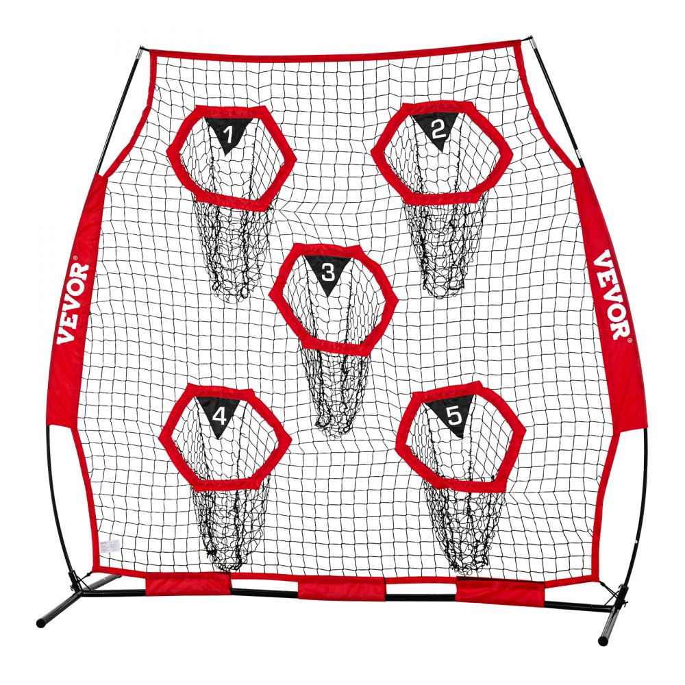 VEVOR Football Coach Throwing Net Practice Net (208 x 91 x 189 cm) met 5 doelvakken, draagbare opbergtas, banden en knooploos net, voor quarterback-passtraining, rood