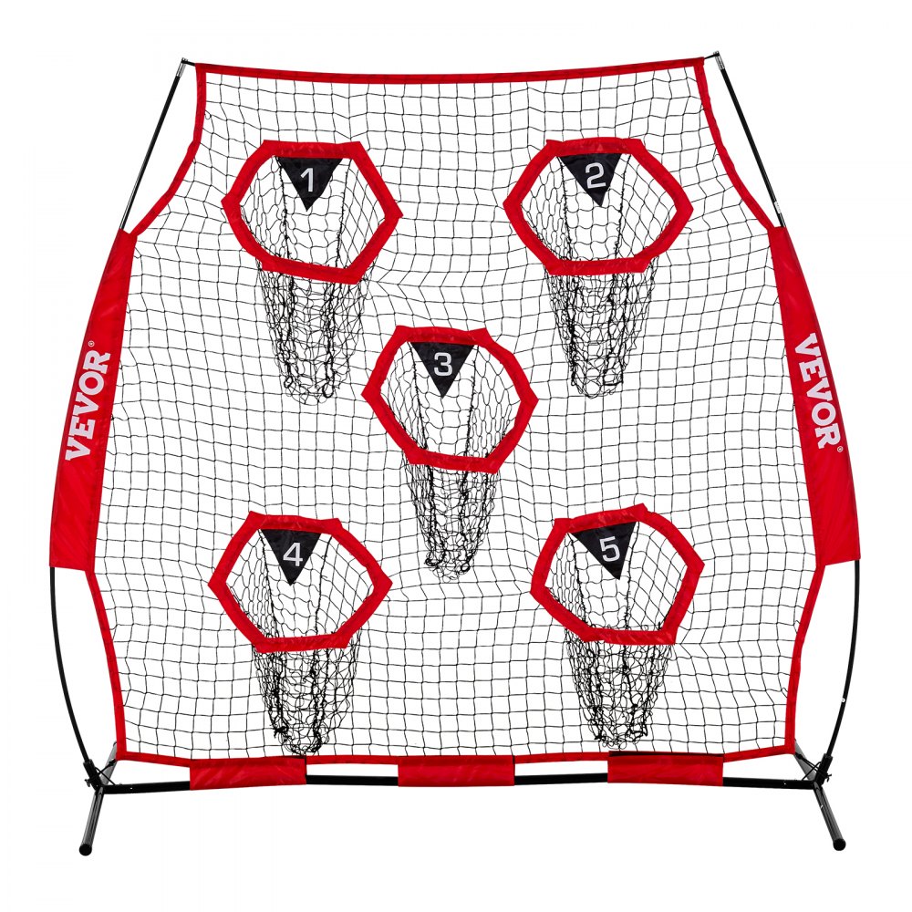 VEVOR Football Coach Throwing Net Practice Net (208 x 91 x 189 cm) met 5 doelvakken, draagbare opbergtas, banden en knooploos net, voor quarterback-passtraining, rood