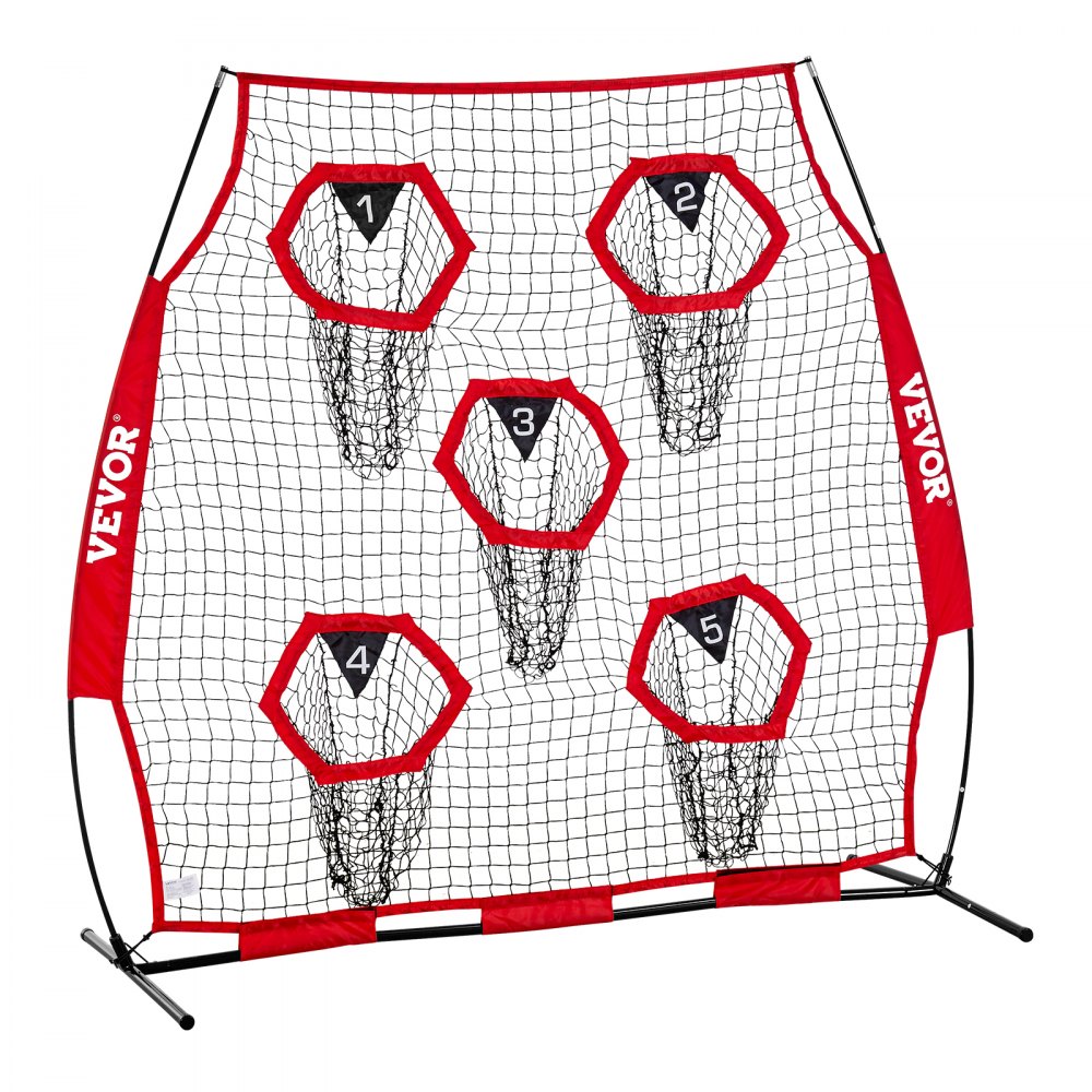 VEVOR Football Coach Throwing Net Practice Net (208 x 91 x 189 cm) met 5 doelvakken, draagbare opbergtas, banden en knooploos net, voor quarterback-passtraining, rood