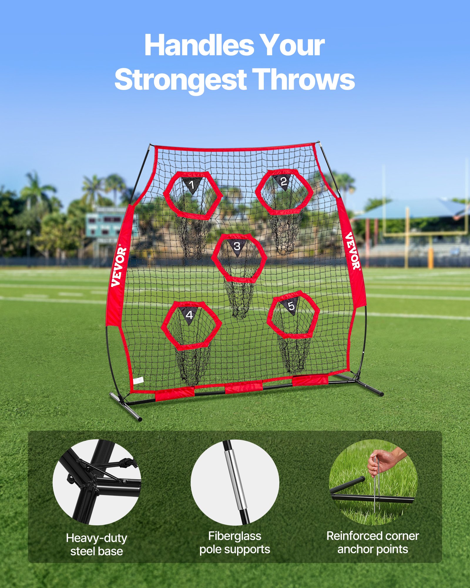 VEVOR Football Coach Throwing Net Practice Net (208 x 91 x 189 cm) met 5 doelvakken, draagbare opbergtas, banden en knooploos net, voor quarterback-passtraining, rood