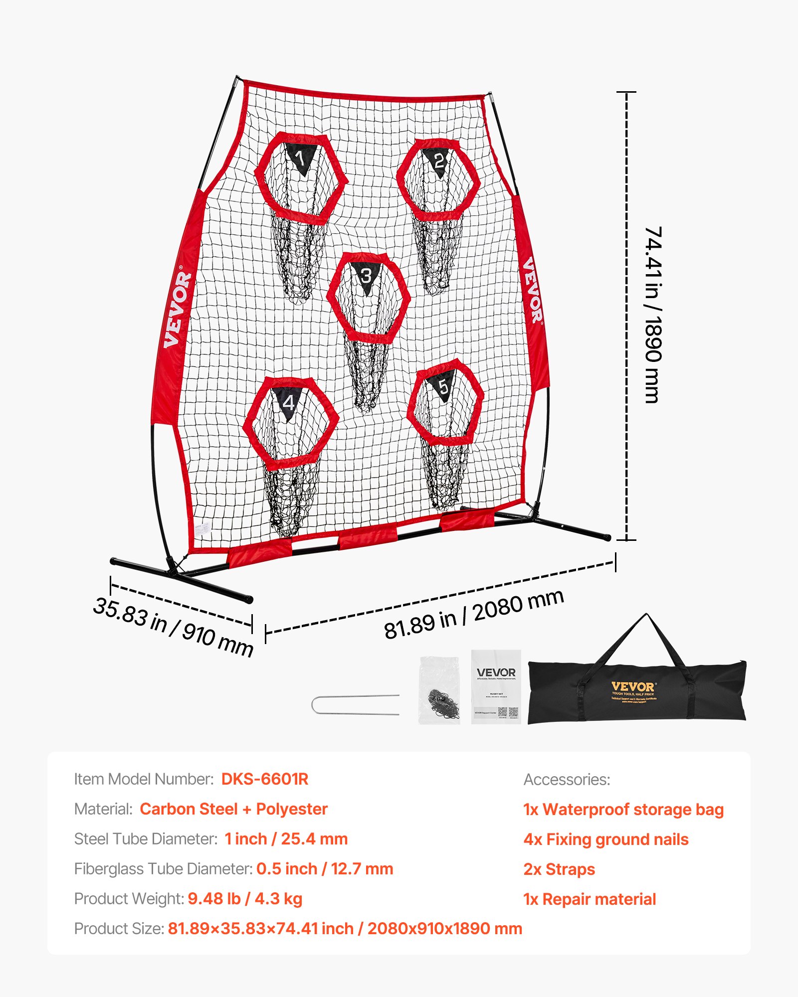 VEVOR Football Coach Throwing Net Practice Net (208 x 91 x 189 cm) met 5 doelvakken, draagbare opbergtas, banden en knooploos net, voor quarterback-passtraining, rood