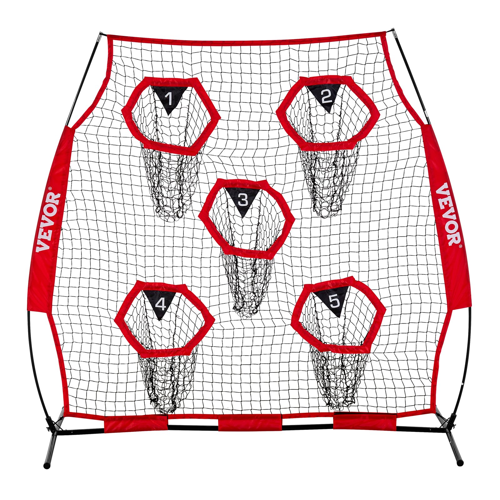 VEVOR Football Coach Throwing Net Practice Net (208 x 91 x 189 cm) met 5 doelvakken, draagbare opbergtas, banden en knooploos net, voor quarterback-passtraining, rood