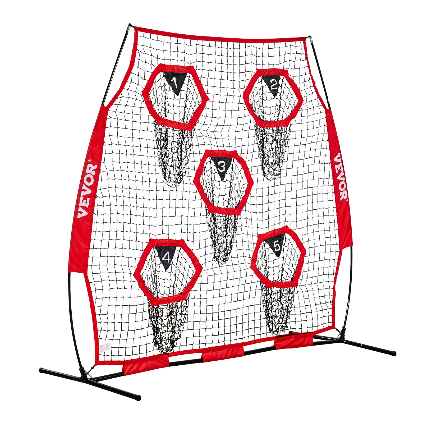 VEVOR Football Coach Throwing Net Practice Net (208 x 91 x 189 cm) met 5 doelvakken, draagbare opbergtas, banden en knooploos net, voor quarterback-passtraining, rood