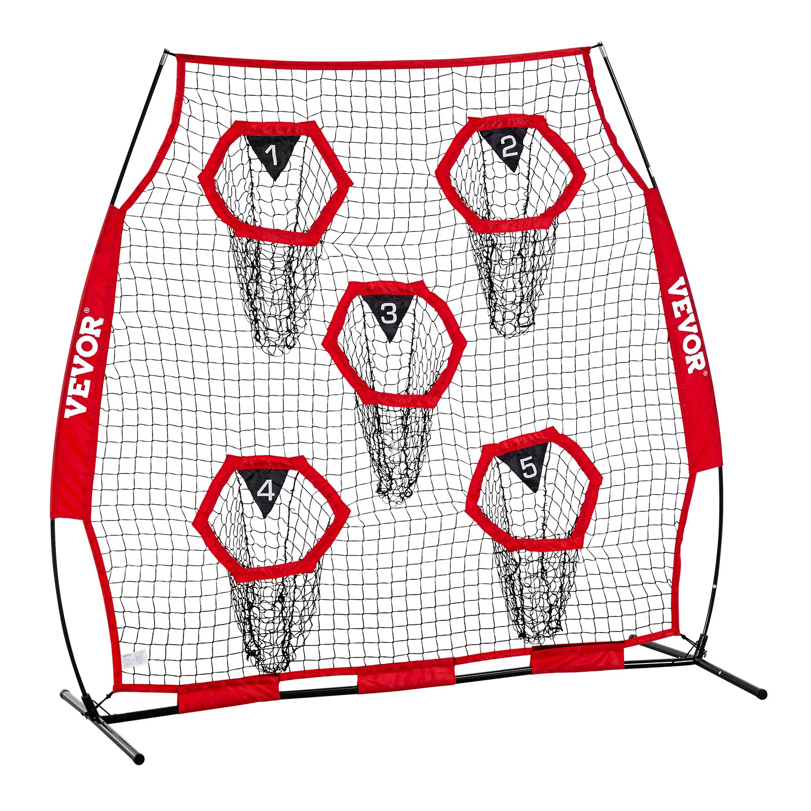 VEVOR Football Coach Throwing Net Practice Net (208 x 91 x 189 cm) met 5 doelvakken, draagbare opbergtas, banden en knooploos net, voor quarterback-passtraining, rood