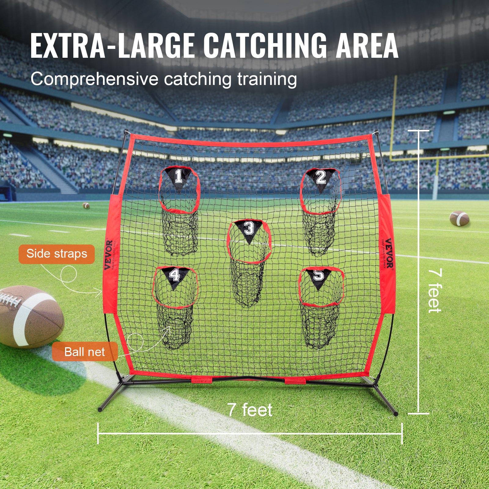 VEVOR 7 x 7 ft Football Trainer Throwing Net, Training Throwing Target Practice Net with 5 Target Pockets, Knotless Net Includes Bow Frame and Portable Carry Case, Improve QB Throwing Accuracy, Red
