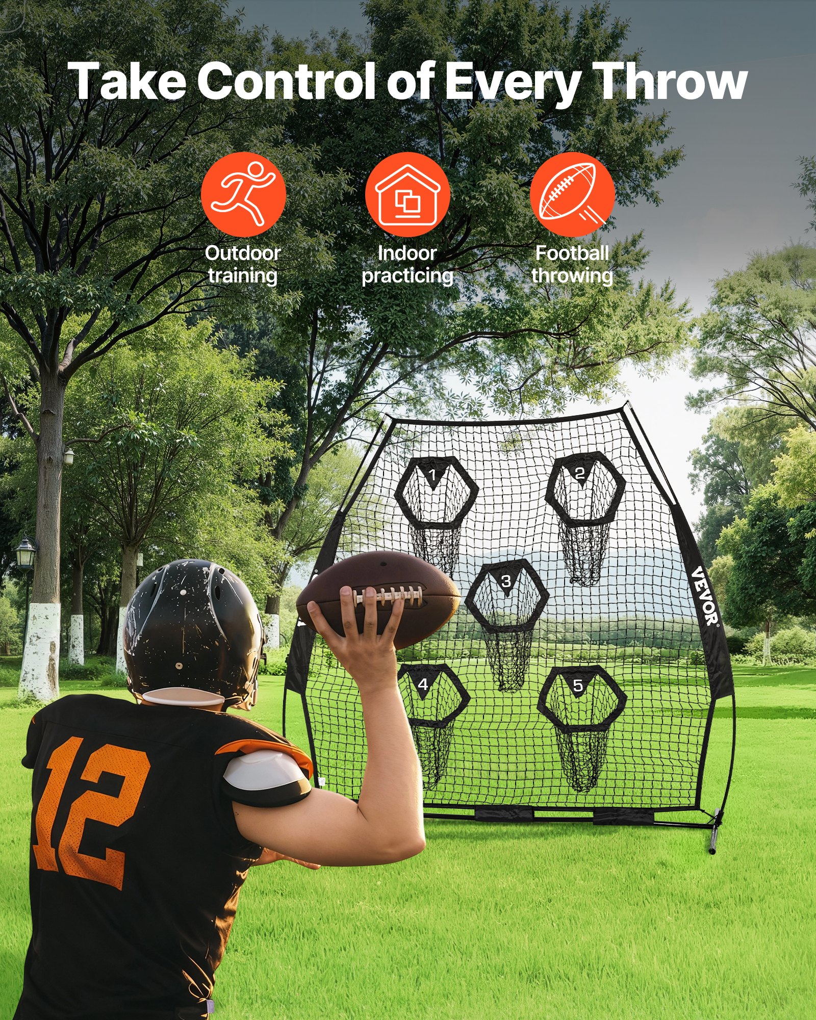 VEVOR 7 x 7 ft Football Trainer Throwing Net, Training Throwing Target Practice Net with 5 Target Pockets, Knotless Net Includes Straps and Portable Carry Case, Improve QB Throwing Accuracy, Black