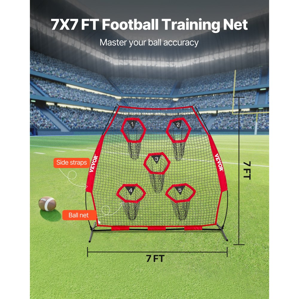 VEVOR Football Coach Throwing Net Practice Net (2170 x 1255 x 2230 mm) met 5 doelvakken, draagbare opbergtas en boogframe, training voor quarterback-passnauwkeurigheid, rood
