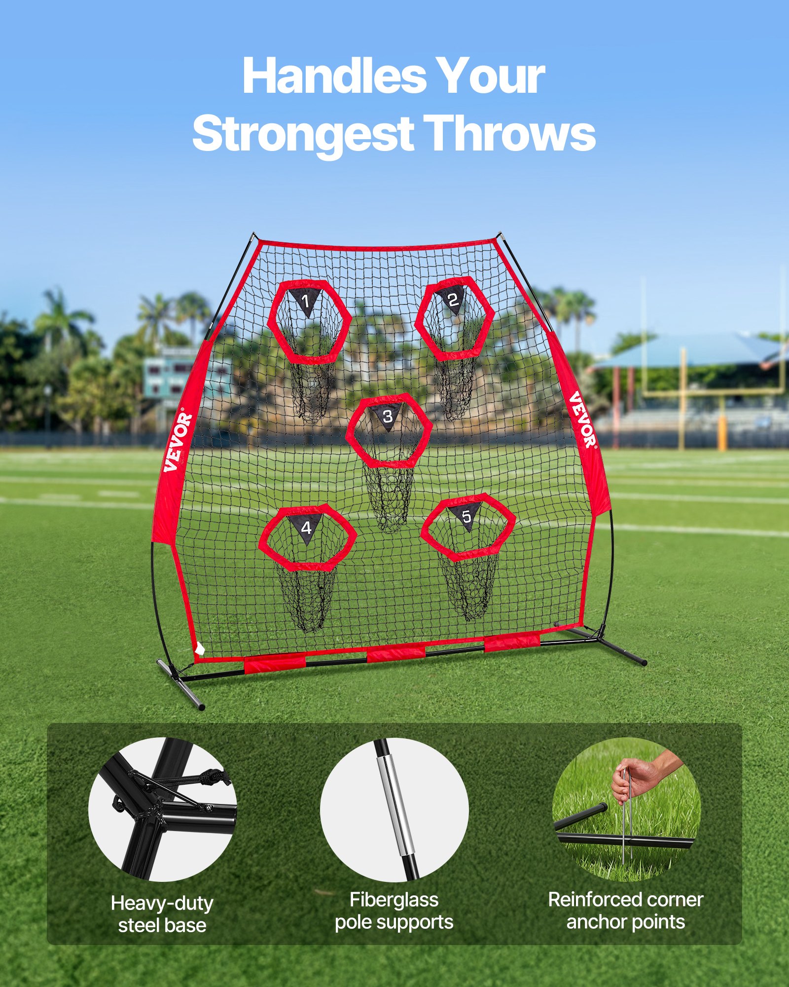 VEVOR Football Coach Throwing Net Practice Net (2170 x 1255 x 2230 mm) met 5 doelvakken, draagbare opbergtas en boogframe, training voor quarterback-passnauwkeurigheid, rood