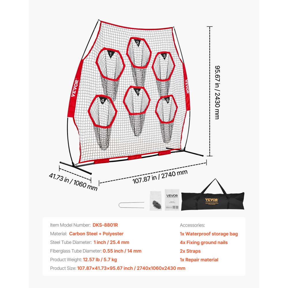 VEVOR 8 x 8 ft Football Trainer Throwing Net, Training Throwing Target Practice Net with 6 Target Pockets, Knotless Net Includes Straps and Portable Carry Case, Improve QB Throwing Accuracy, Red