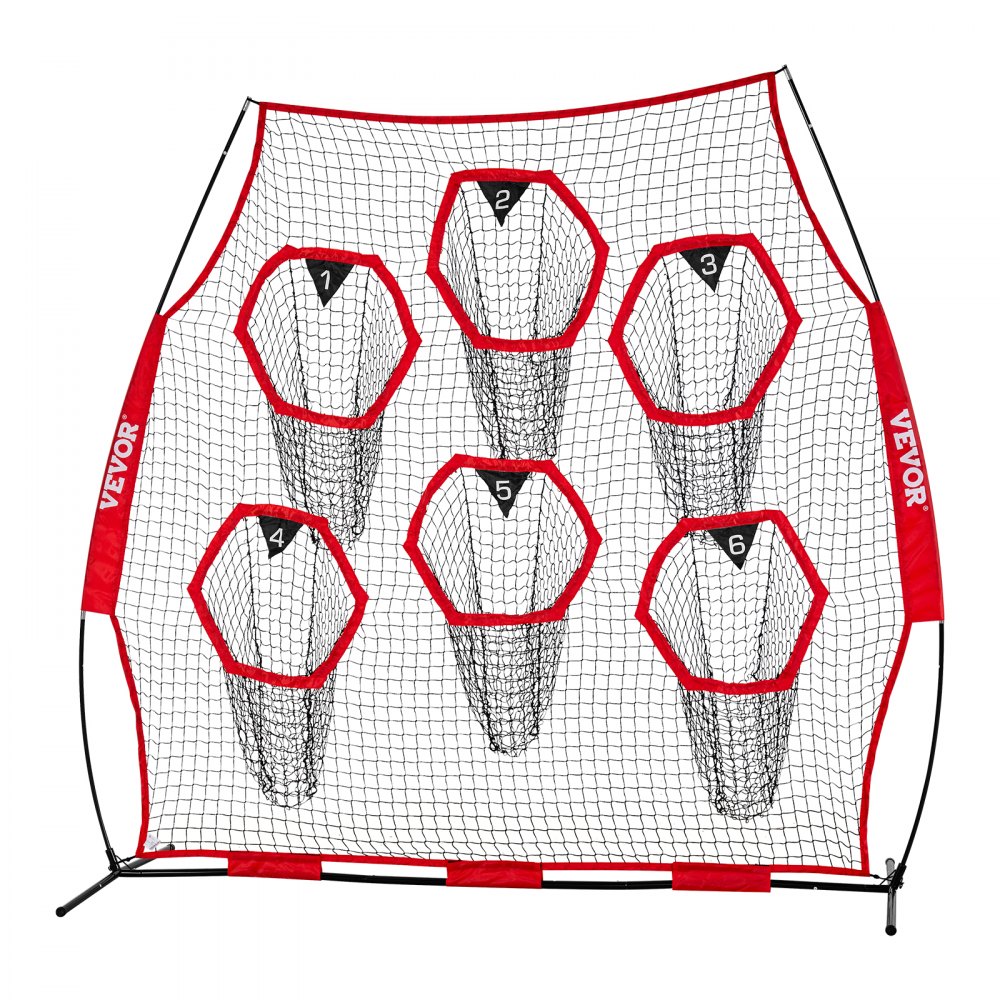VEVOR 8 x 8 ft Football Trainer Throwing Net, Training Throwing Target Practice Net with 6 Target Pockets, Knotless Net Includes Straps and Portable Carry Case, Improve QB Throwing Accuracy, Red